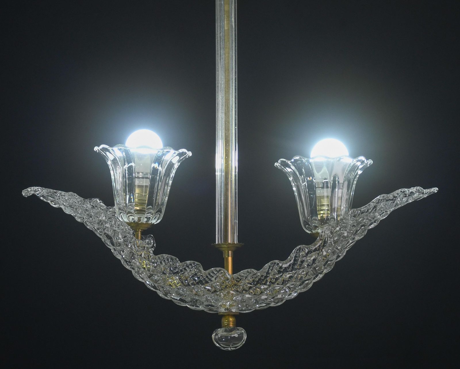 Elegant 2 Cup Barovier Art Deco Chandelier, Murano Glass, Brass Structure 1940s photo Lighting