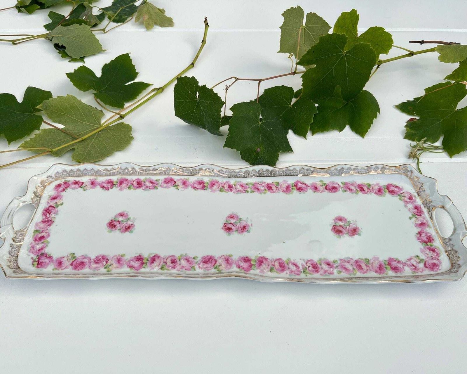 Rectangular Porcelain Tray | Xxl | Hand Painted White & Roses photo furniture