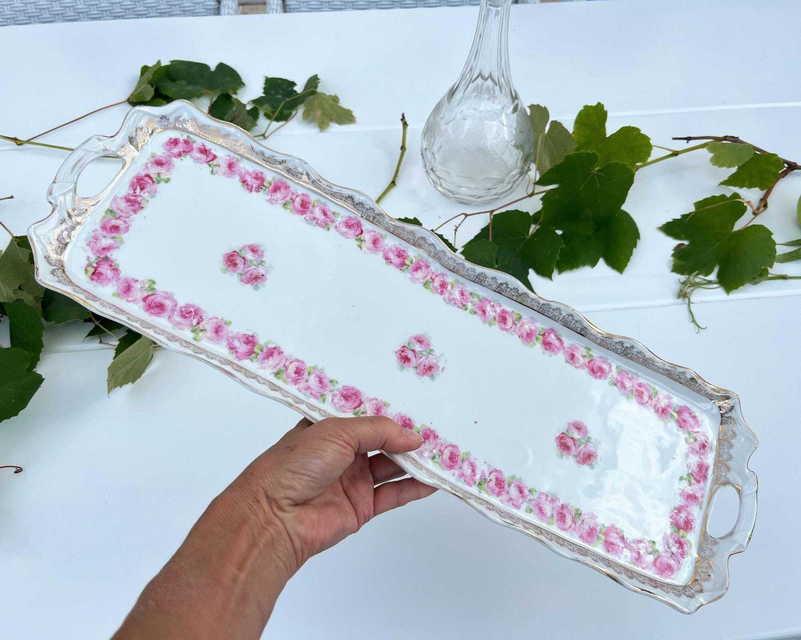 Rectangular Porcelain Tray | Xxl | Hand Painted White & Roses photo for sale