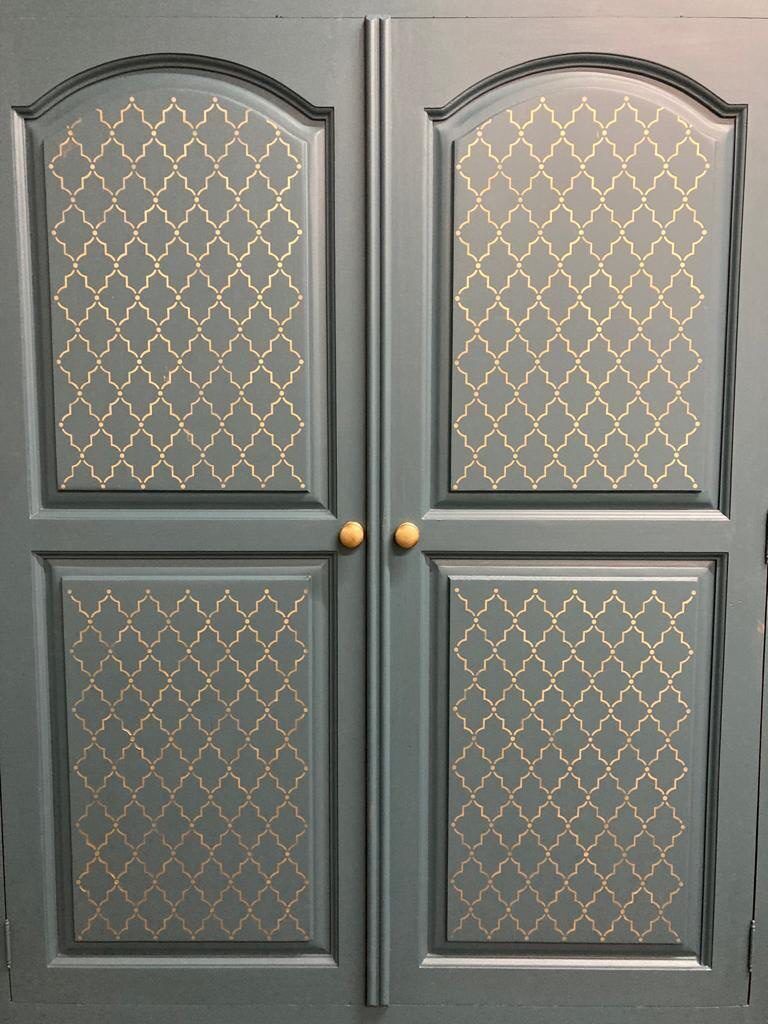 Pair Of Solid Pine Wardrobes In Blue With Gold Moroccan Detail photo furniture