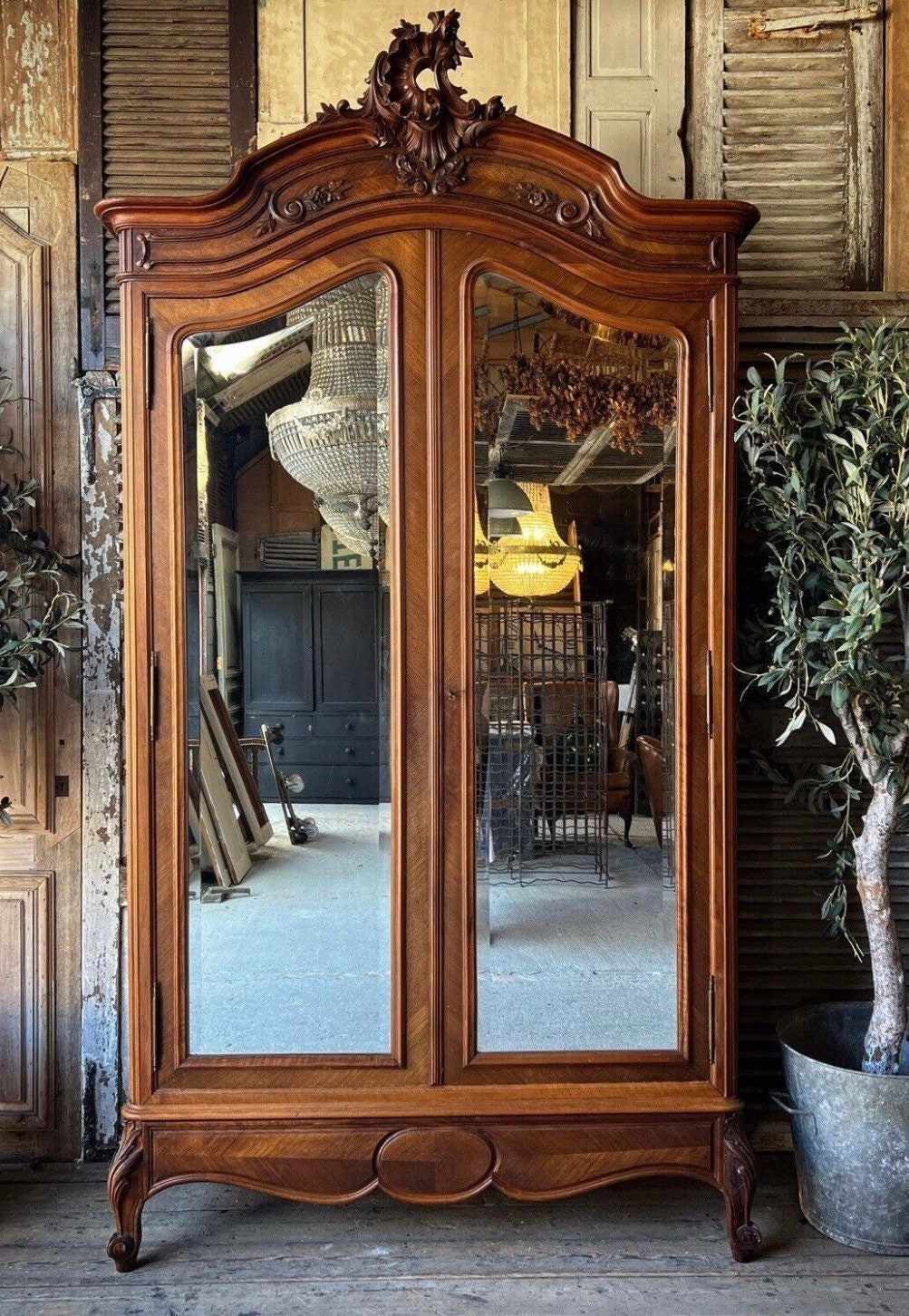 Beautiful French Mirror Carved Amoire Wardrobe With Shelves photo furniture