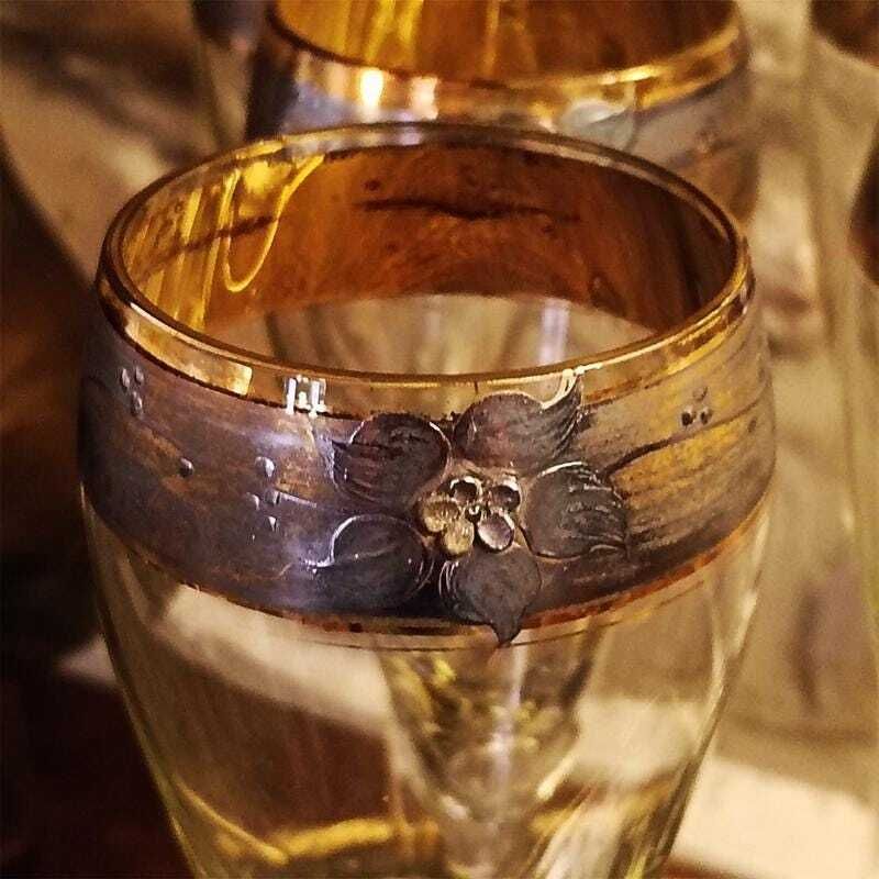 Vintage Stunning Set With 6 Glasses And A Tray In Murano Glass With Hand Decorated 24k Gold Finishes By Gn Murano. photo buy