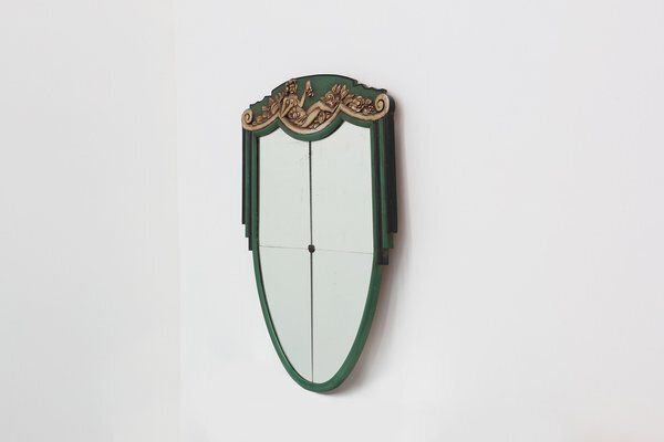 Art Deco French Mirror In Green Carved Wood, 1930s photo vinterior