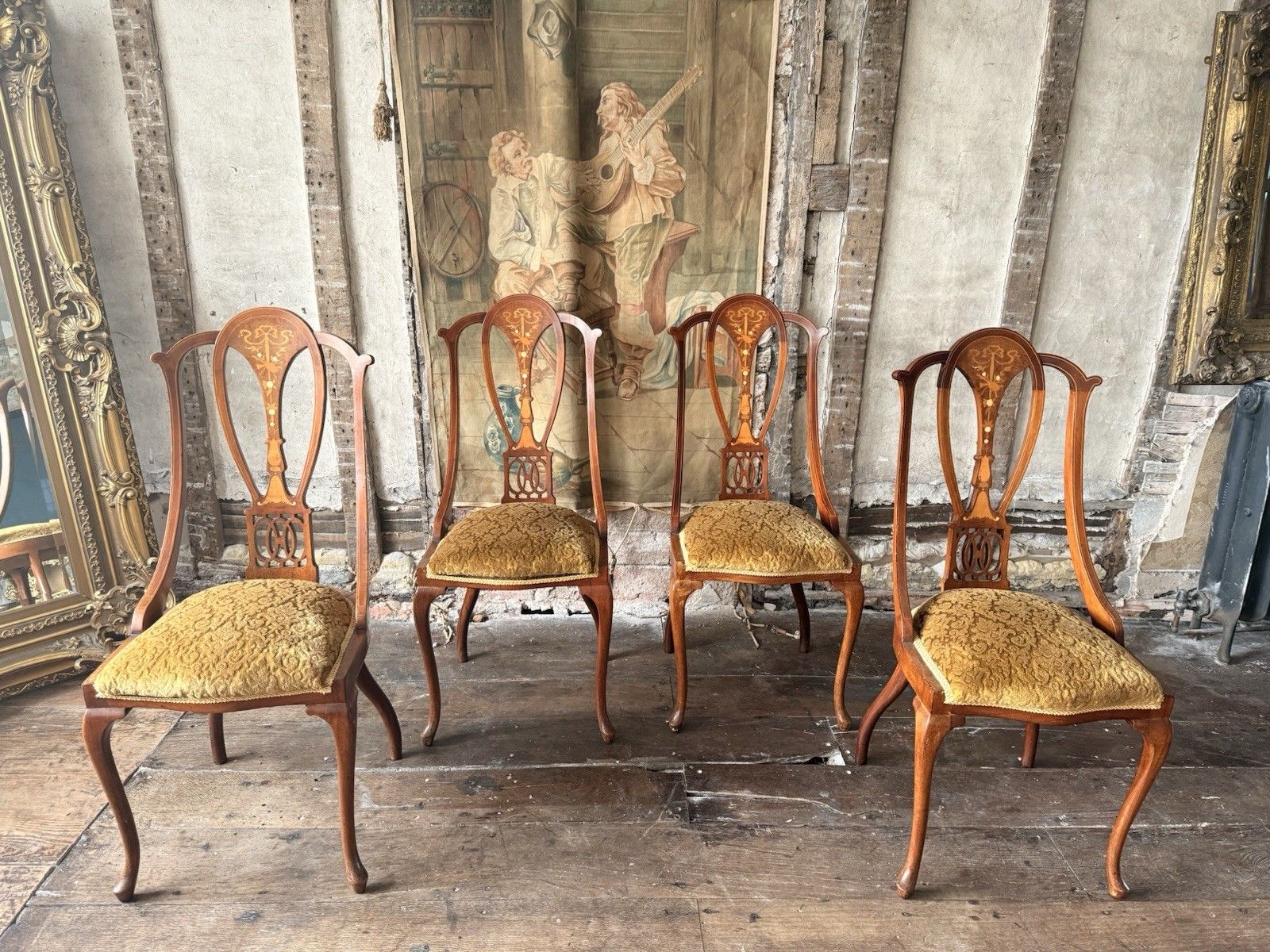 Quality Antique Set 4 Edwardian Rich Gold  Inlaid Mahogany Dining Chairs C 1900 photo 499.0