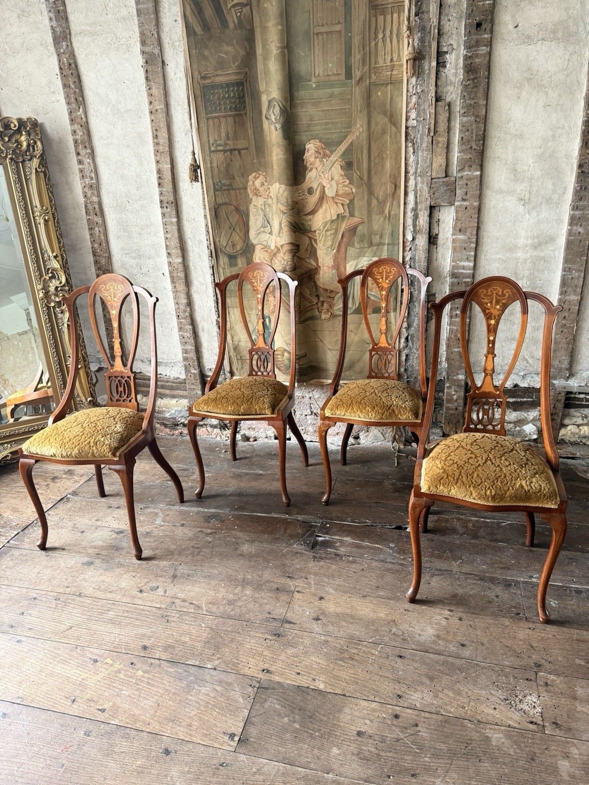 Quality Antique Set 4 Edwardian Rich Gold  Inlaid Mahogany Dining Chairs C 1900 photo vintage