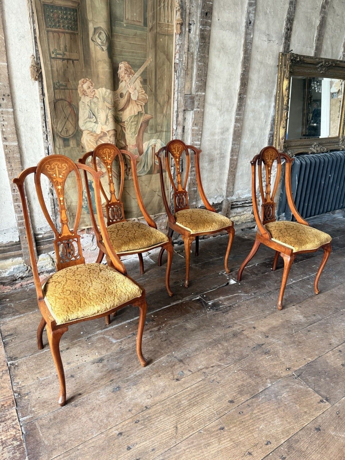 photo furniture Quality Antique Set 4 Edwardian Rich Gold  Inlaid Mahogany Dining Chairs C 1900