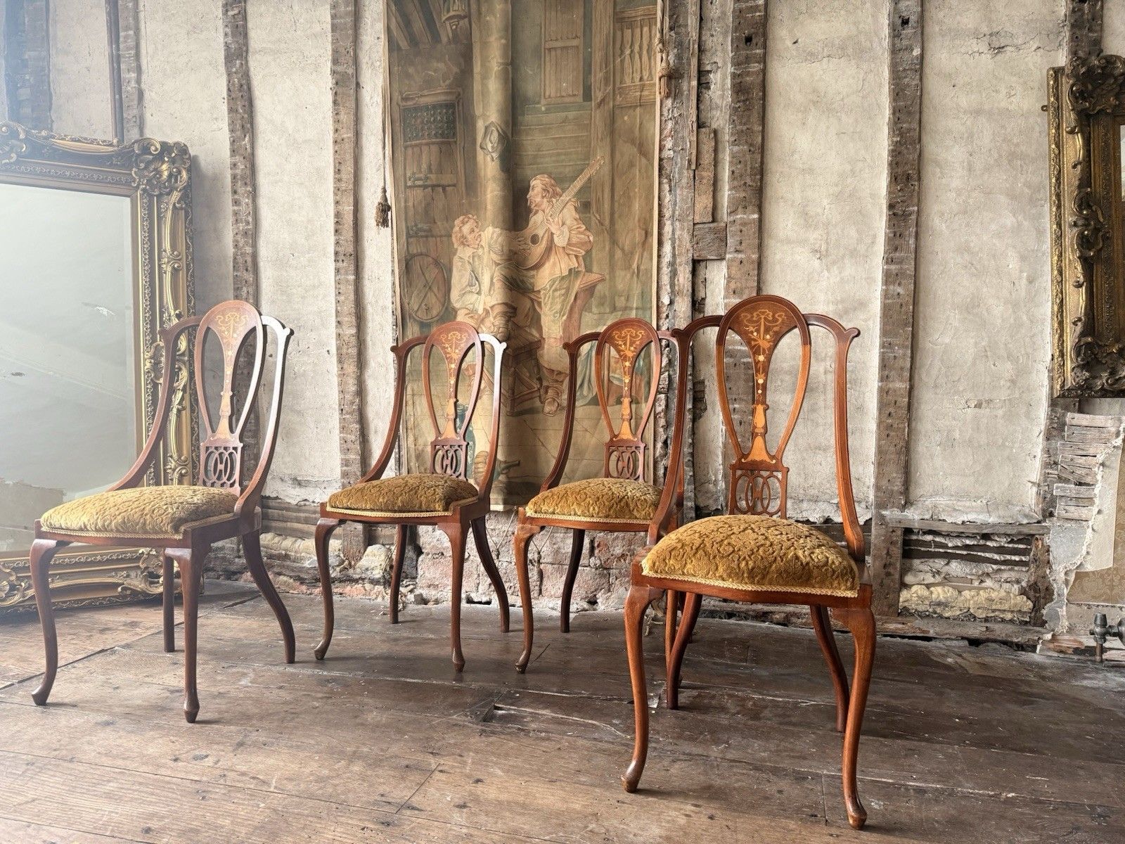 Furniture Quality Antique Set 4 Edwardian Rich Gold  Inlaid Mahogany Dining Chairs C 1900 photo