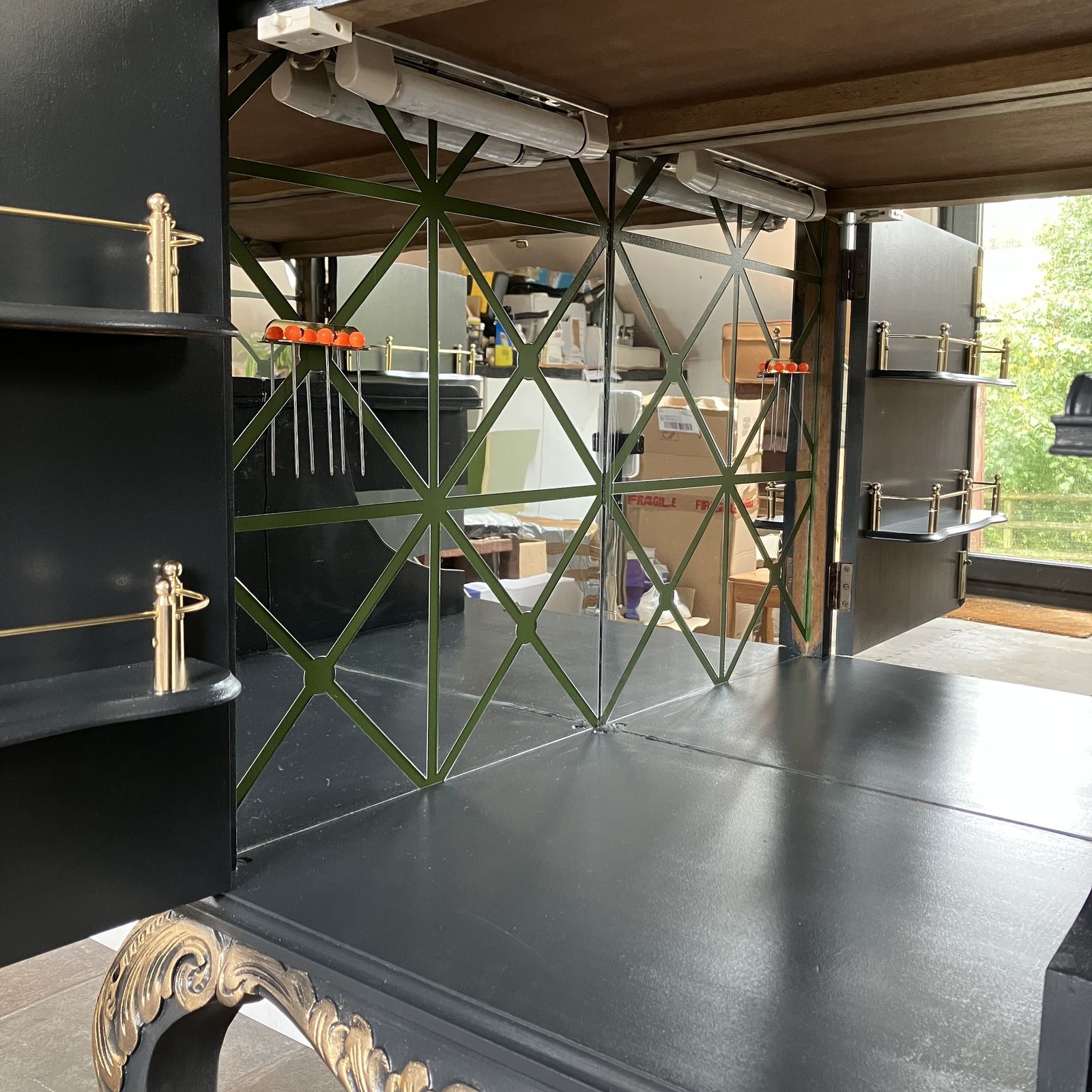 Vintage Painted Black Flame Mahogany Mirrored Cocktail  Cabinet On Carved Queen Anne Legs In Farrow And Ball Off Black photo vinterior