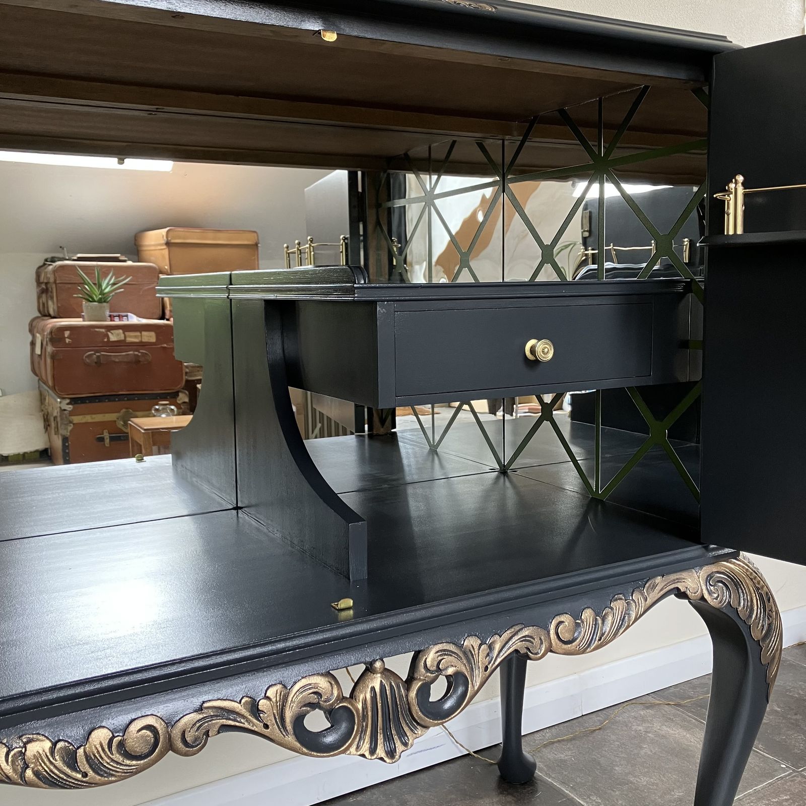 photo for sale Vintage Painted Black Flame Mahogany Mirrored Cocktail  Cabinet On Carved Queen Anne Legs In Farrow And Ball Off Black