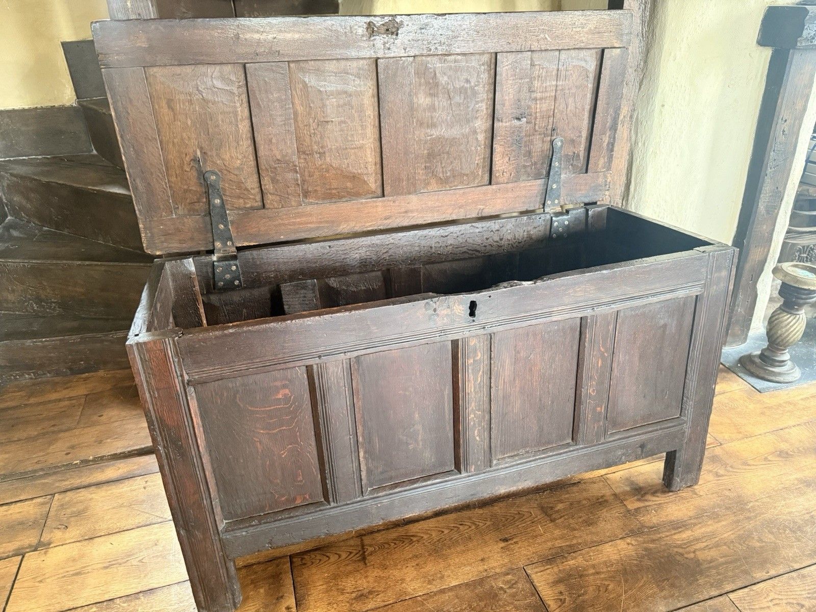 Furniture English Substancial Heavy Large Antique Oak Panelled Chest Coffer Circa 1600's photo