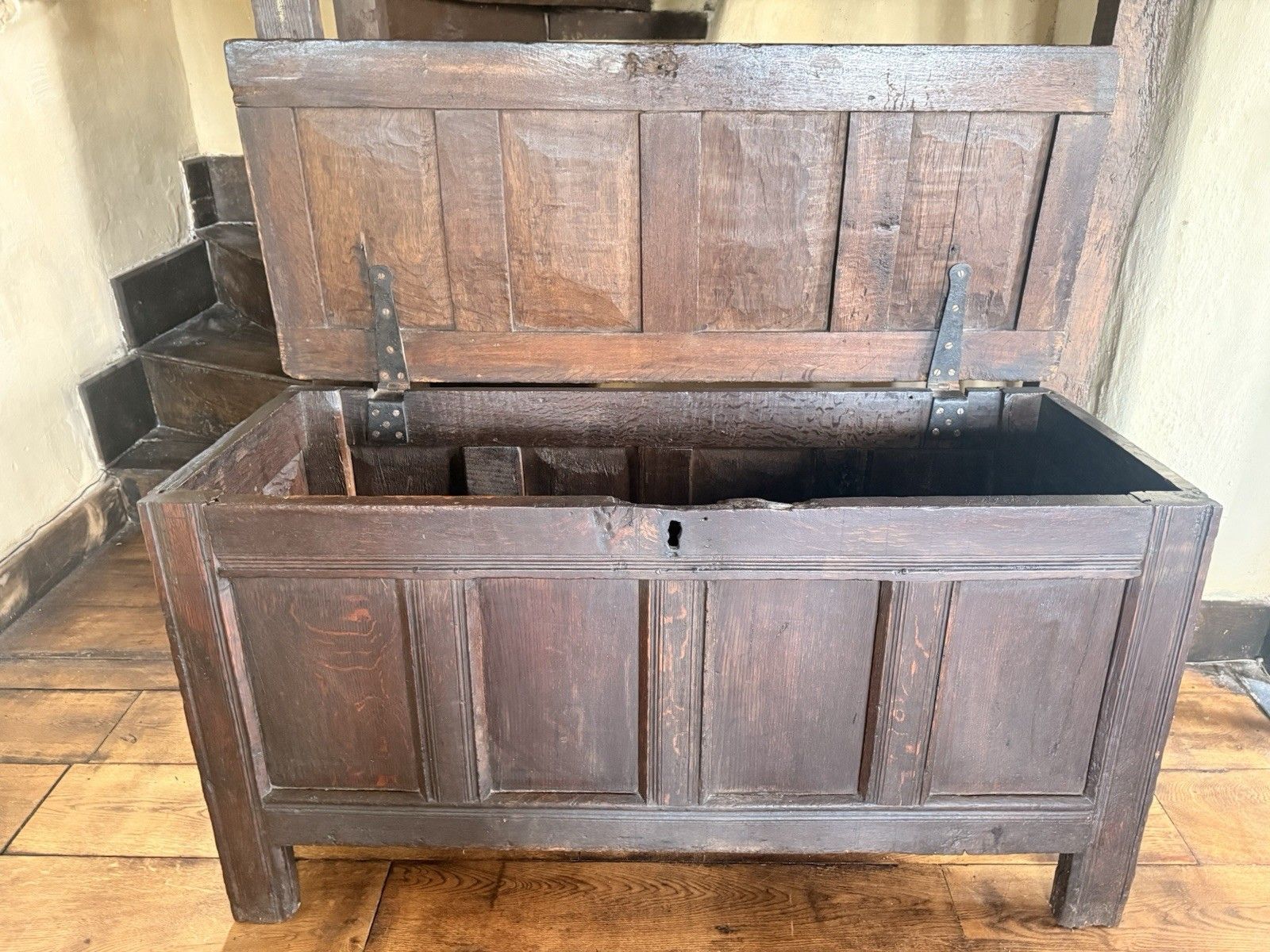 599.0 English Substancial Heavy Large Antique Oak Panelled Chest Coffer Circa 1600's photo