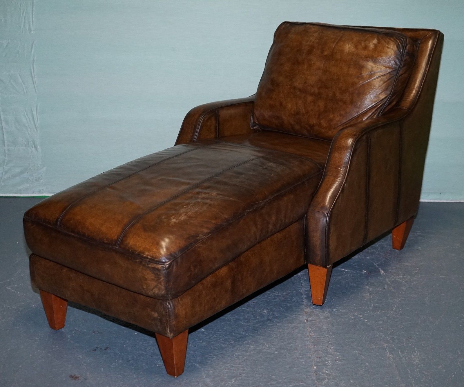 Deep Cognac Hand Dyed Leather Chaise Lounge Armchair Seating photo for sale
