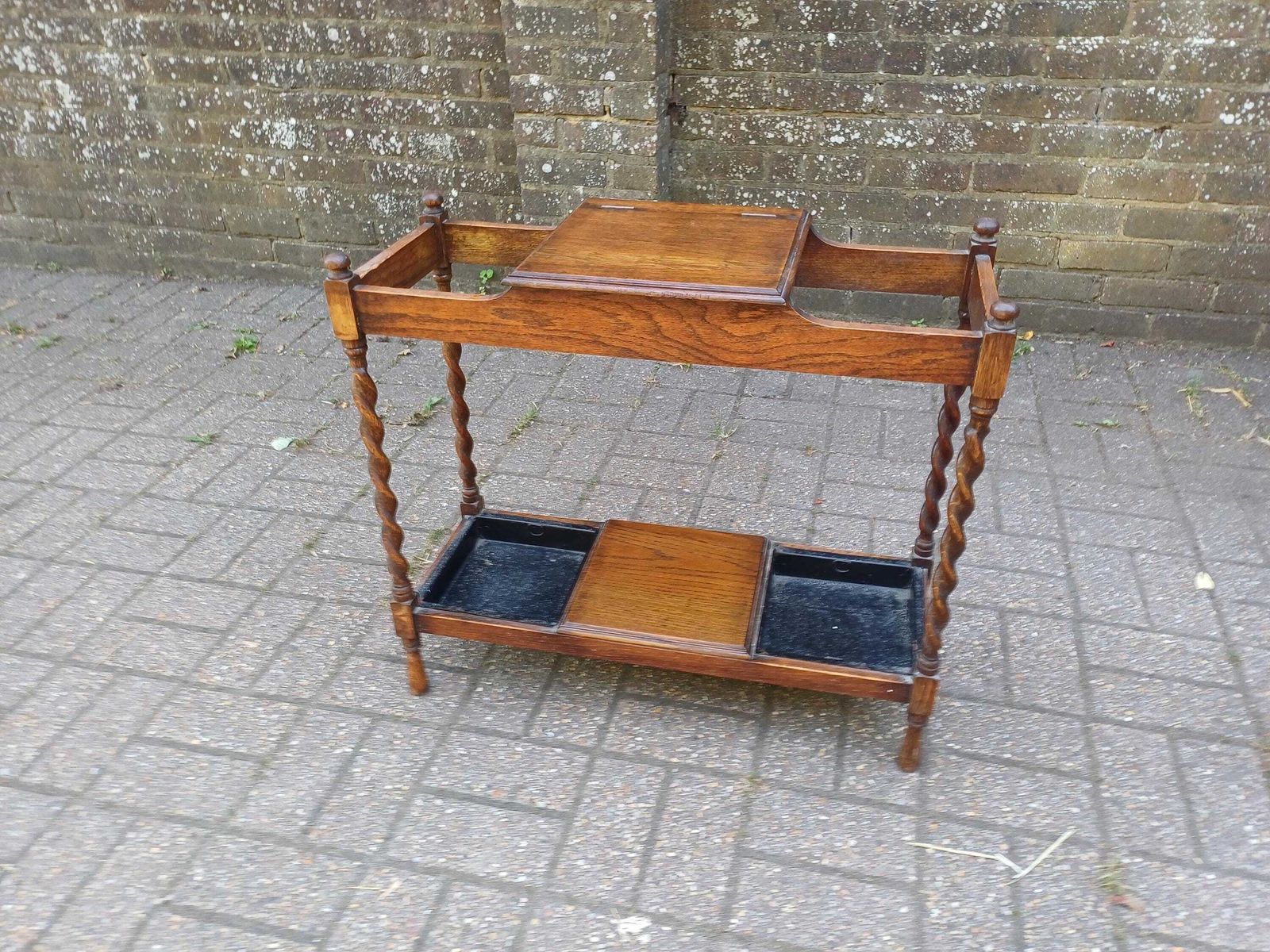 Vintage Oak Barley Twist Stick Stand With Drip Trays & Baize Lined Hinged Compartment, Early 20thc Umbrella Hall Stand