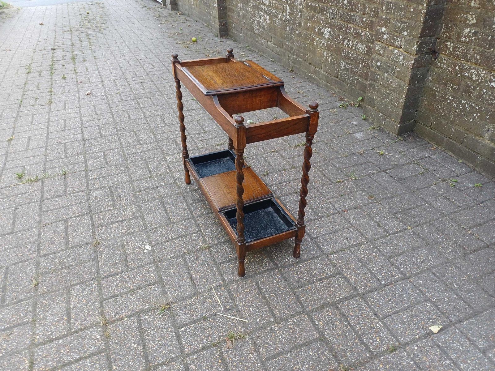 Vintage Oak Barley Twist Stick Stand With Drip Trays & Baize Lined Hinged Compartment, Early 20thc Umbrella Hall Stand photo buy