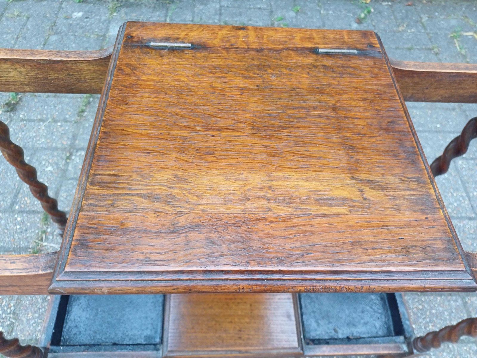 photo furniture Vintage Oak Barley Twist Stick Stand With Drip Trays & Baize Lined Hinged Compartment, Early 20thc Umbrella Hall Stand