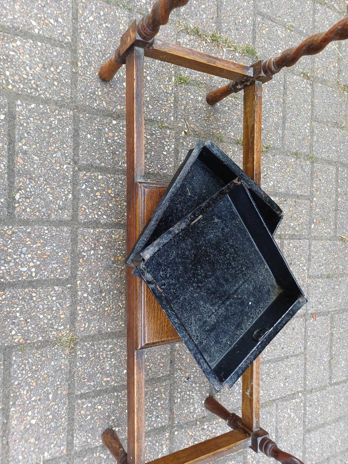 photo for sale Vintage Oak Barley Twist Stick Stand With Drip Trays & Baize Lined Hinged Compartment, Early 20thc Umbrella Hall Stand