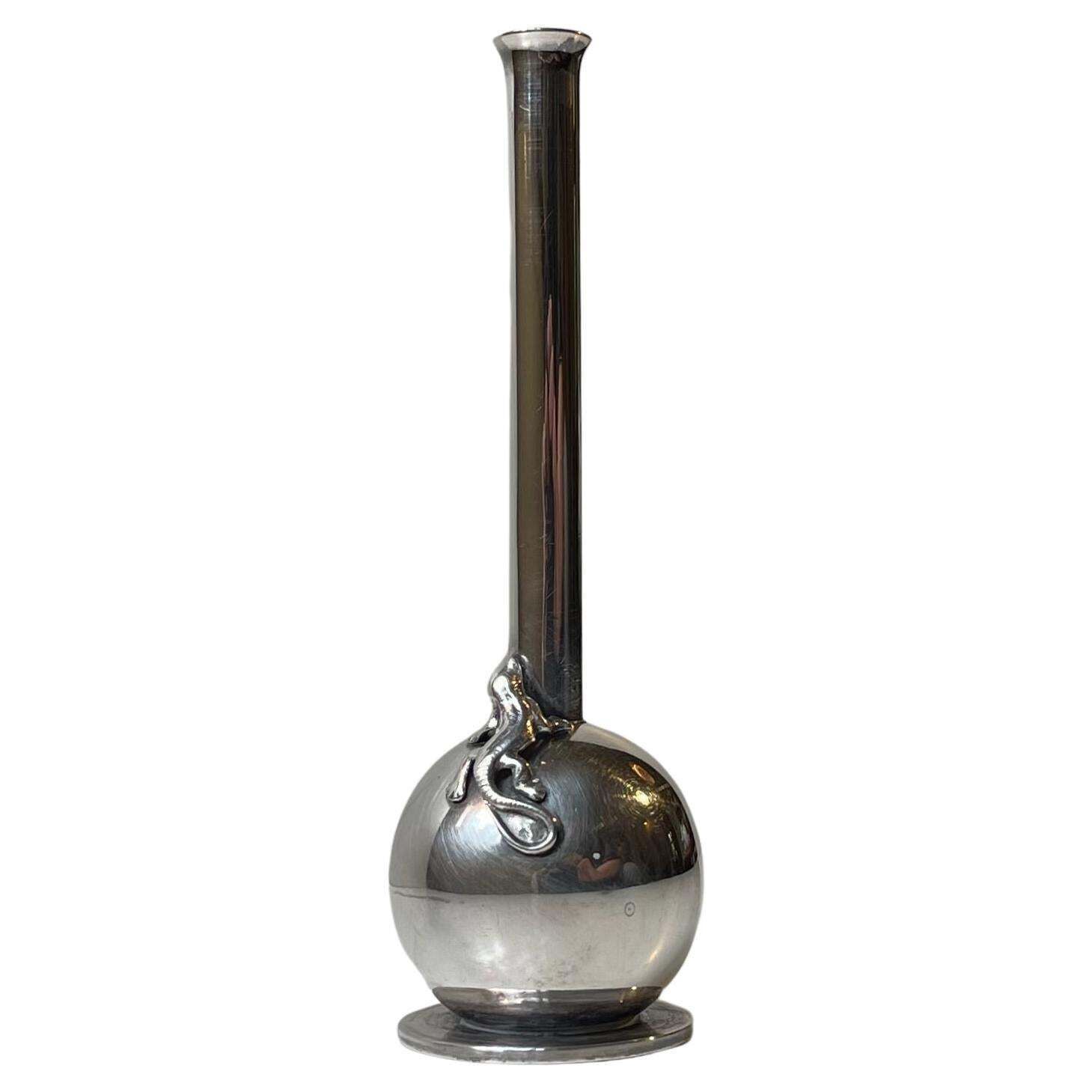 Art Deco Silver Plated Single Flower Vase W. Lizard By Hugo Grün