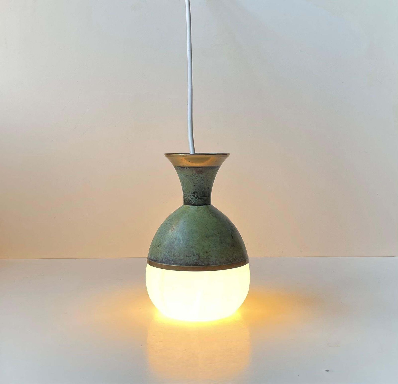 Art Deco Revival Pendant Lamp In Green Verdigris Bronze & White Glass photo 295.0