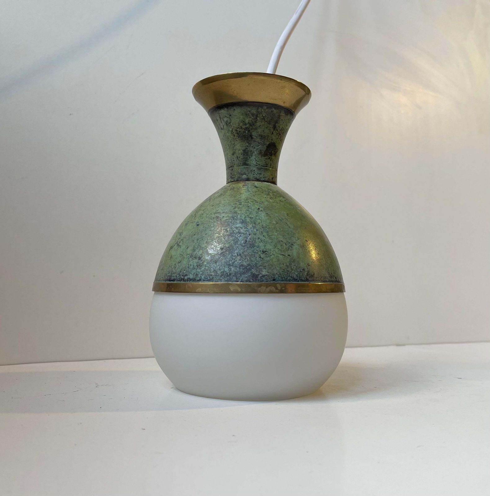 Art Deco Revival Pendant Lamp In Green Verdigris Bronze & White Glass photo vintage