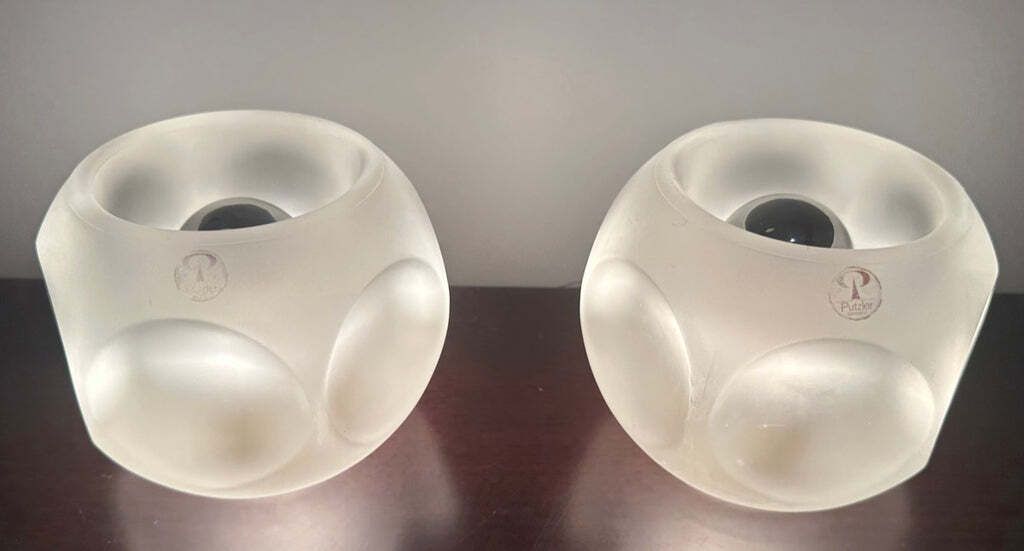 Pair Of 1970s German Peill & Putzler Frosted Circular Concave Glass Table Lamps photo Lighting