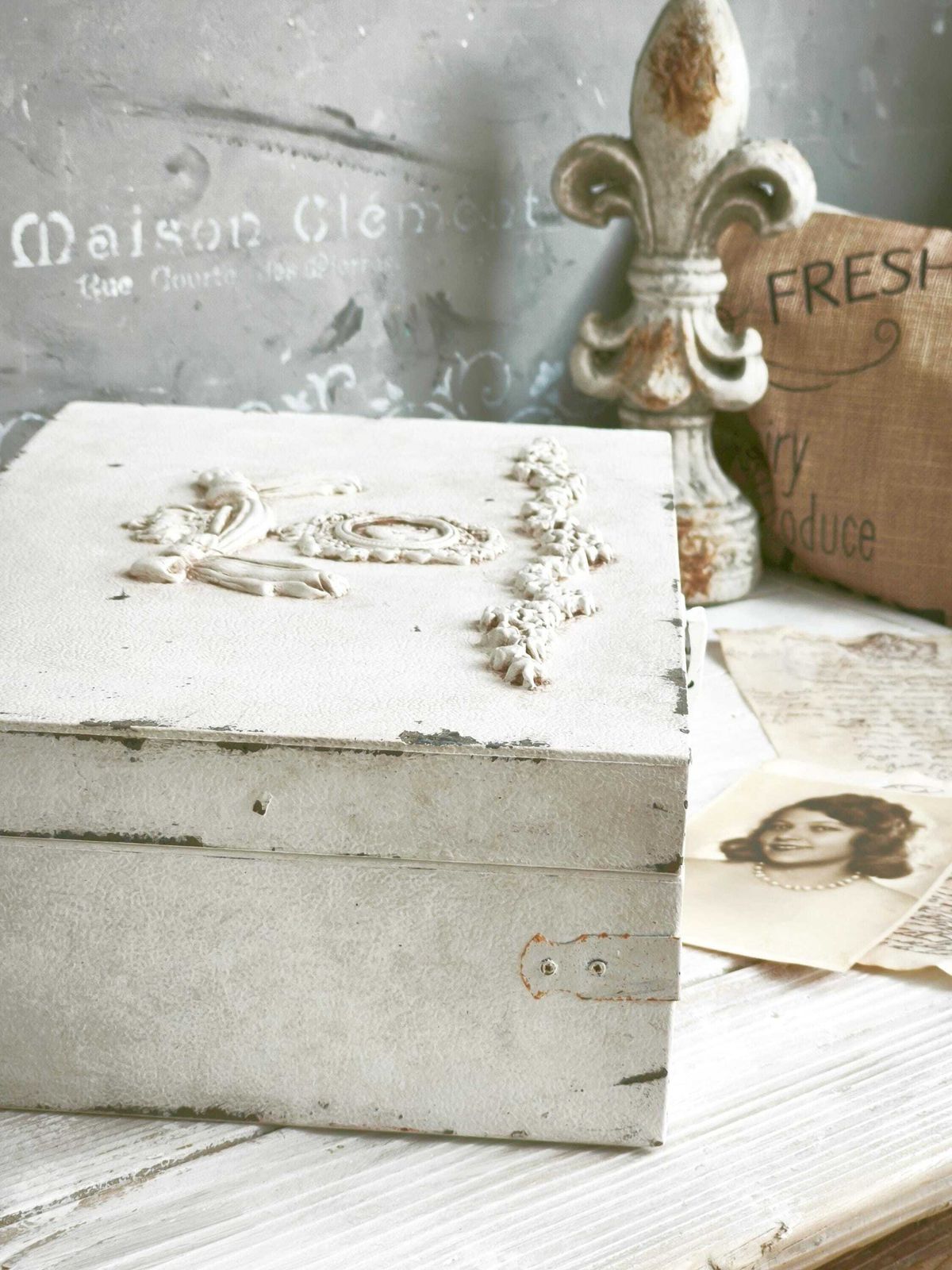 White Wood Box With Cameo Clay Ornaments photo vintage