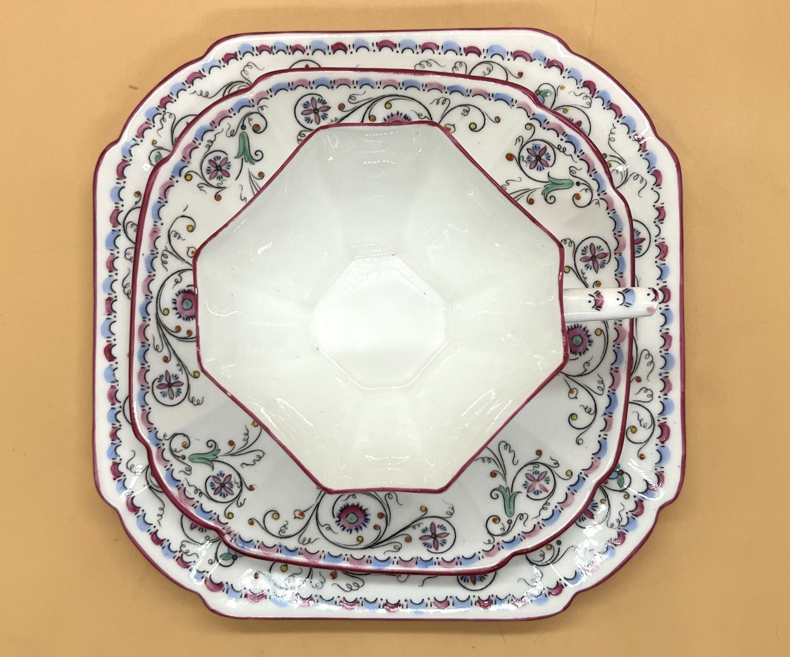 photo furniture Vintage Shelley China Pink Scroll Pink Trim Design Queen Anne Shape Cup, Saucer & Side Plate Trio. 11502. Rd. 723404.