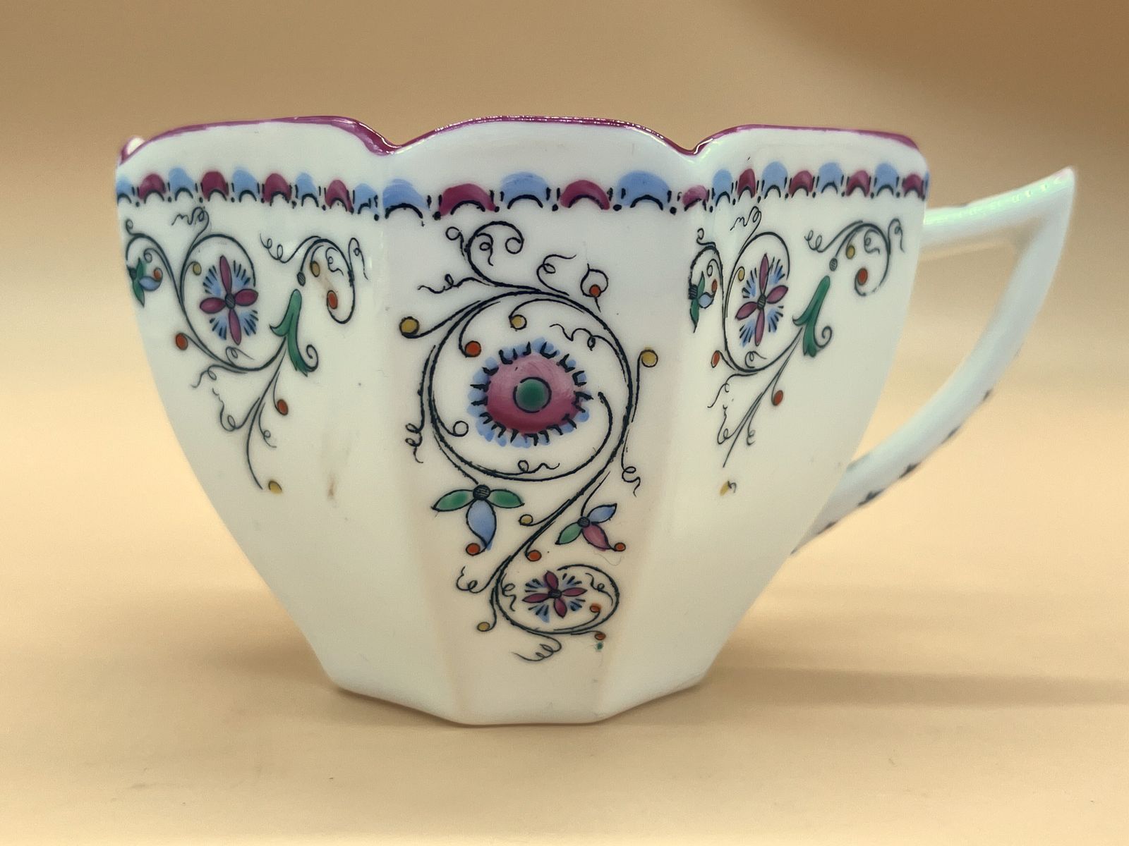 photo for sale Vintage Shelley China Pink Scroll Pink Trim Design Queen Anne Shape Cup, Saucer & Side Plate Trio. 11502. Rd. 723404.