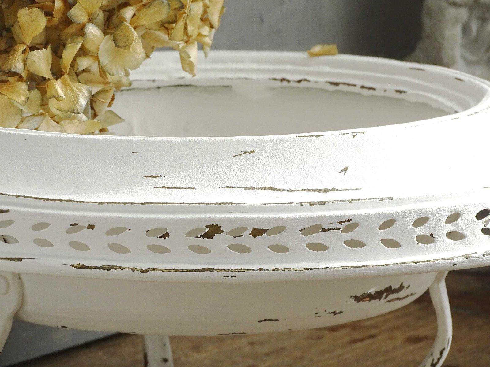 Distressed White Metal Pedestal Planter: Vintage Footed Jardiniere photo Home Decor
