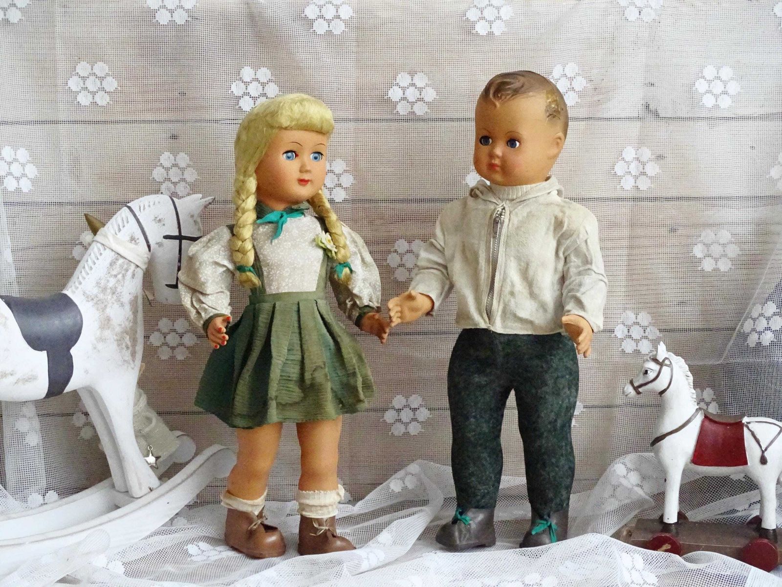 Set Antique French Composition Dolls Girl Boy, Doll Sleeping Eyes, Pair Jointed Dolls, Blonde Long Hair Doll, Vintage Collectible Art Dolls