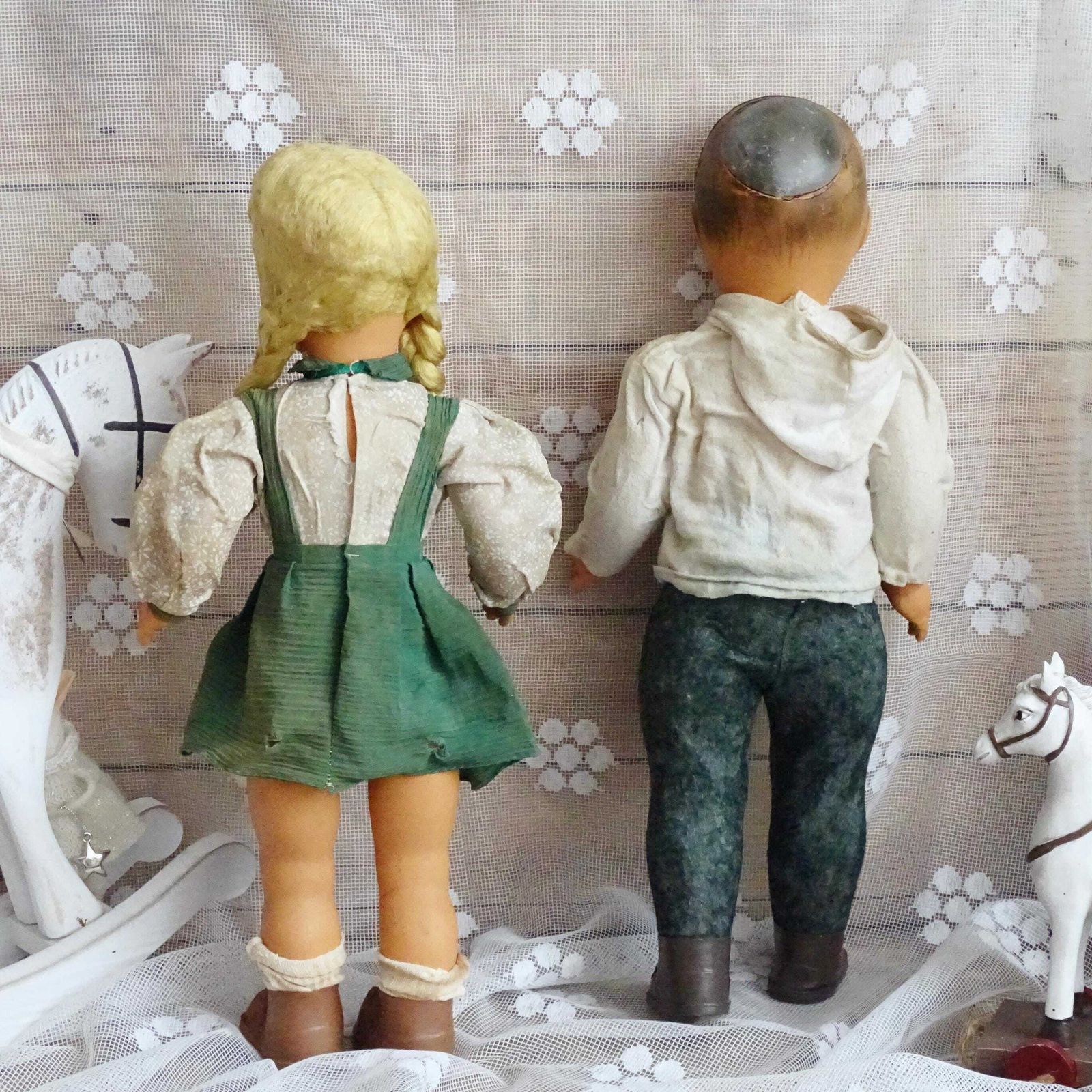 Set Antique French Composition Dolls Girl Boy, Doll Sleeping Eyes, Pair Jointed Dolls, Blonde Long Hair Doll, Vintage Collectible Art Dolls photo vinterior