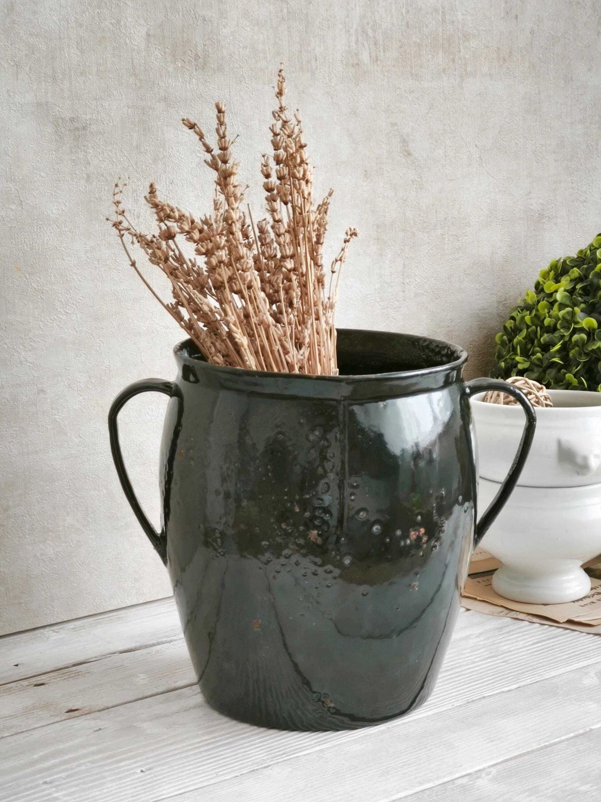 Antique Enameled Cast Iron Pot: Farmhouse Kitchen Decor, Metal Planter photo furniture