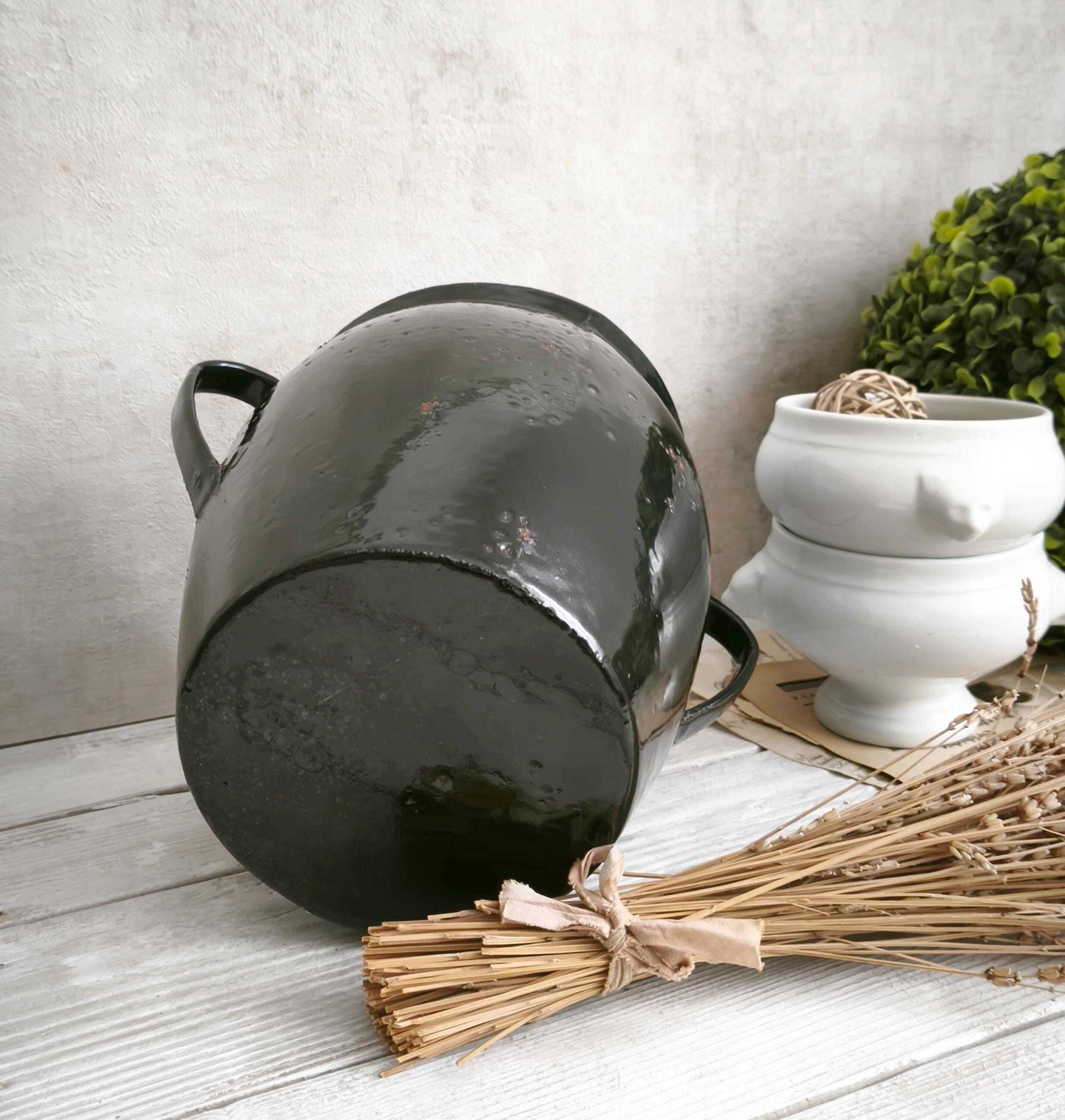 photo furniture Antique Enameled Cast Iron Pot: Farmhouse Kitchen Decor, Metal Planter
