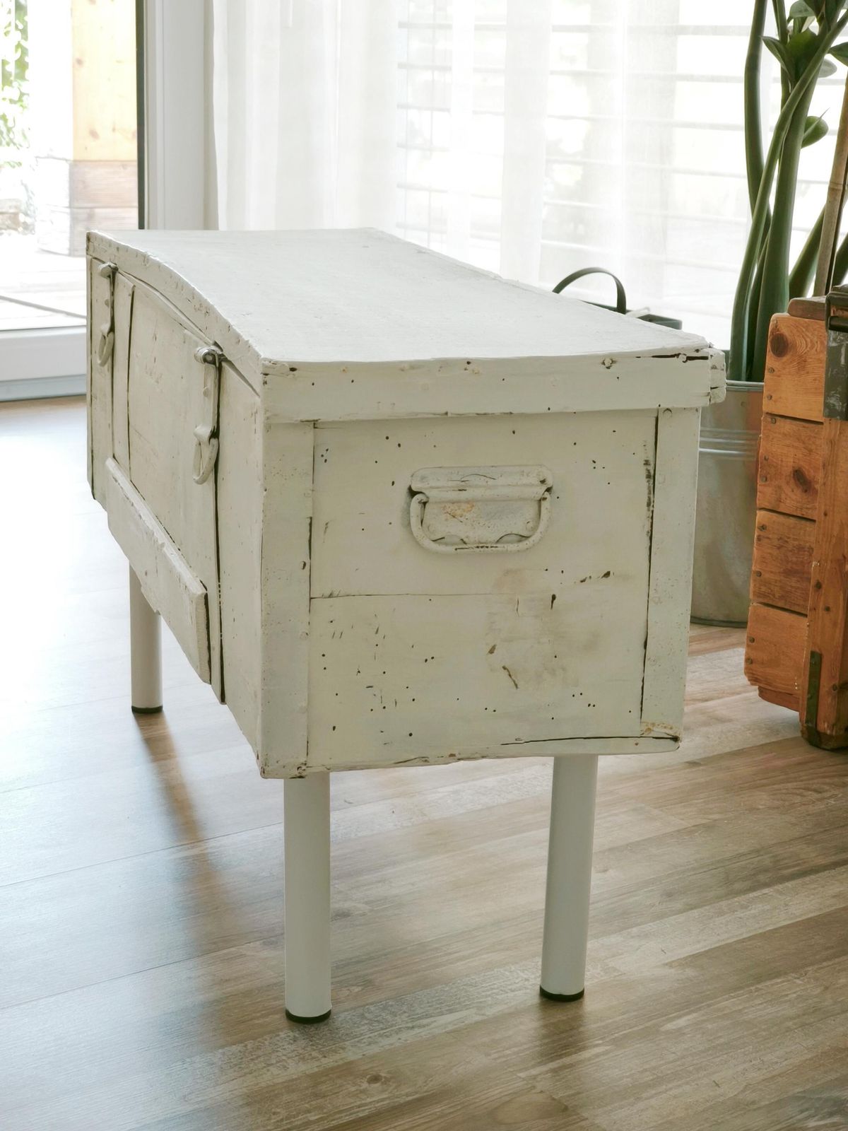 photo for sale Antique White Wood Storage Bench: Shabby Chic Farmhouse Trunk, Industrial Legs