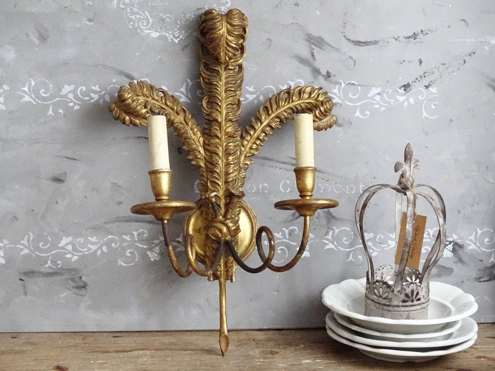 Antique Florentine Giltwood Wall Sconce: Hand Carved Wood, 2 Arm Candelabra