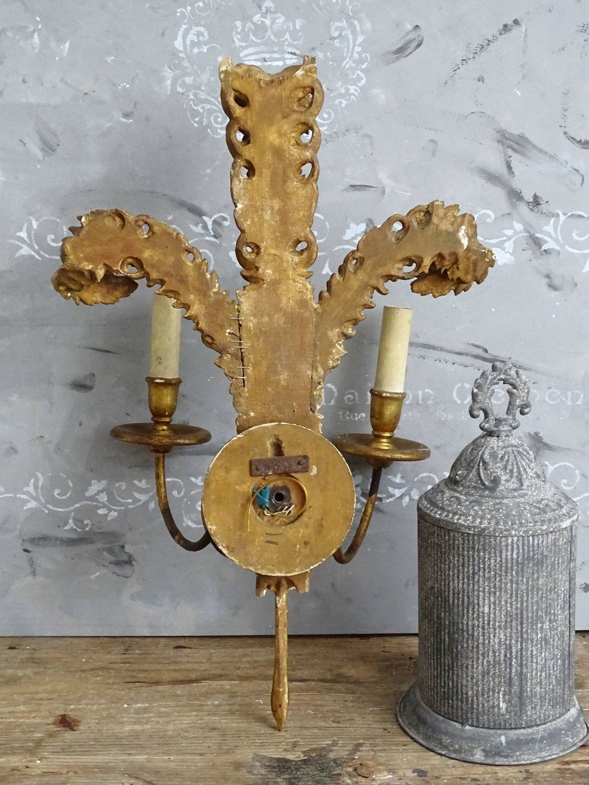 photo furniture Antique Florentine Giltwood Wall Sconce: Hand Carved Wood, 2 Arm Candelabra