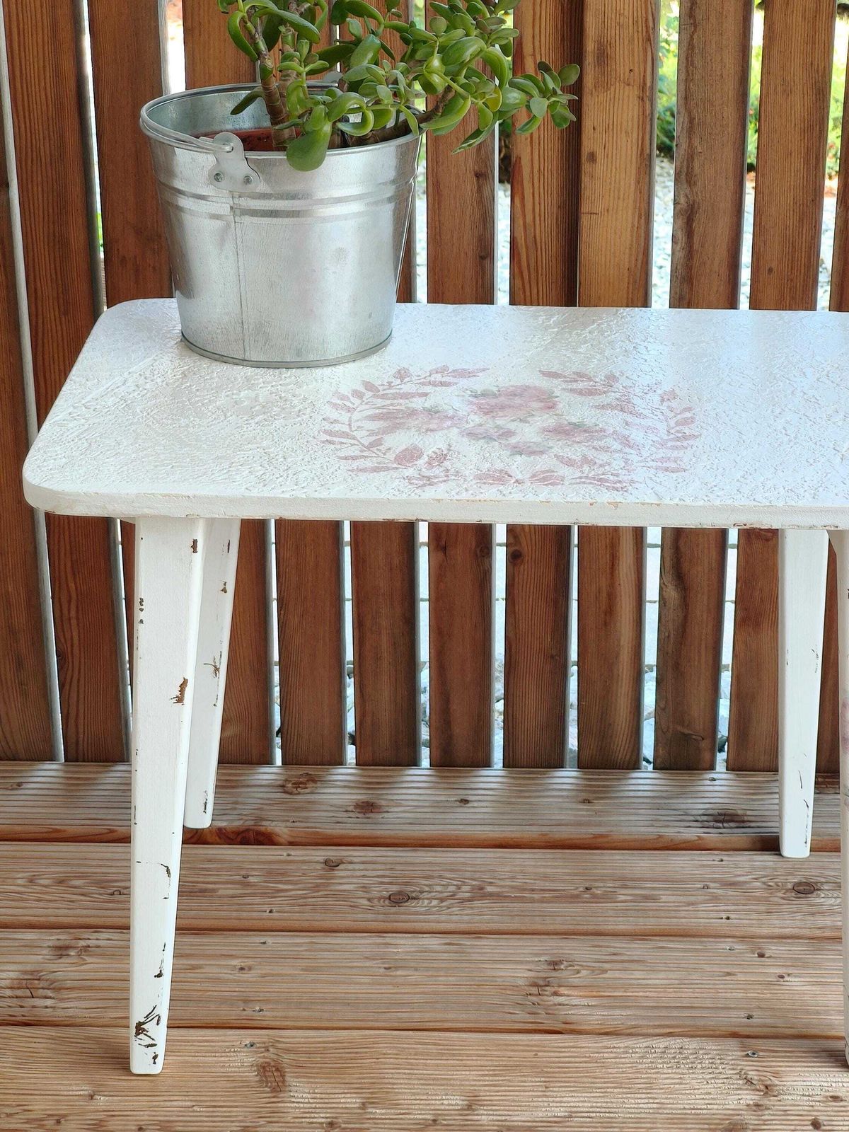 Portable Folding Wood Table Pink Flowers, White End Table, Coffee Table, Mcm Side Table, Mid Century Modern Table, Retro Wood Plant Stand