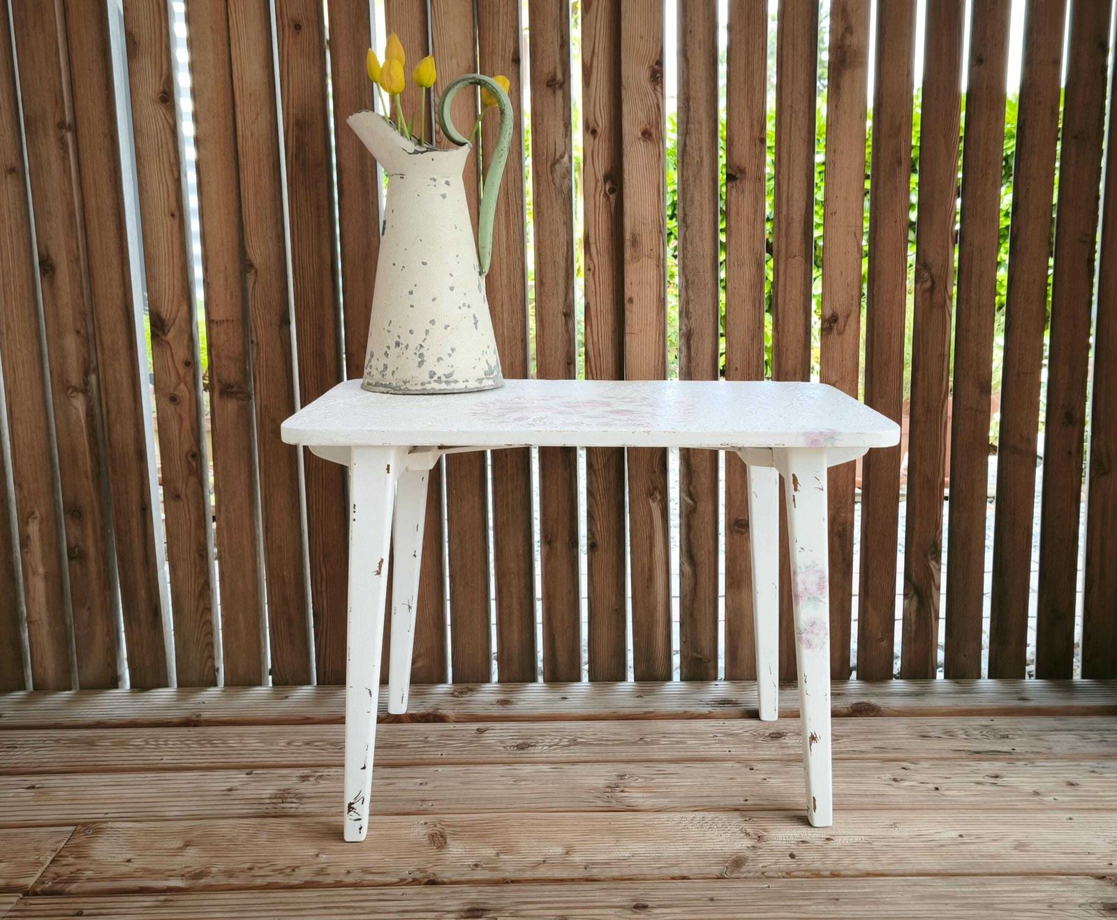 Portable Folding Wood Table Pink Flowers, White End Table, Coffee Table, Mcm Side Table, Mid Century Modern Table, Retro Wood Plant Stand photo vinterior