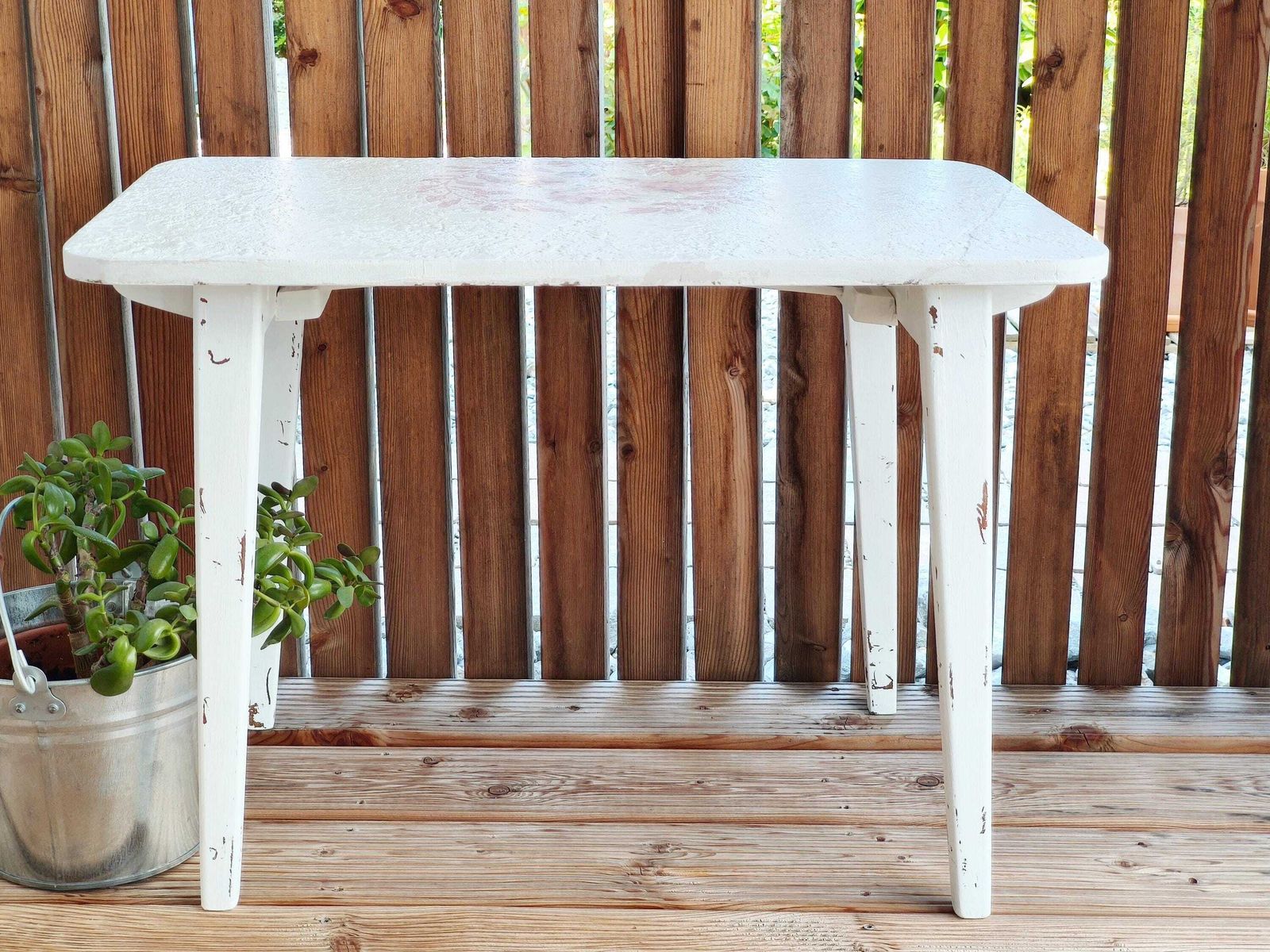 Portable Folding Wood Table Pink Flowers, White End Table, Coffee Table, Mcm Side Table, Mid Century Modern Table, Retro Wood Plant Stand photo vintage
