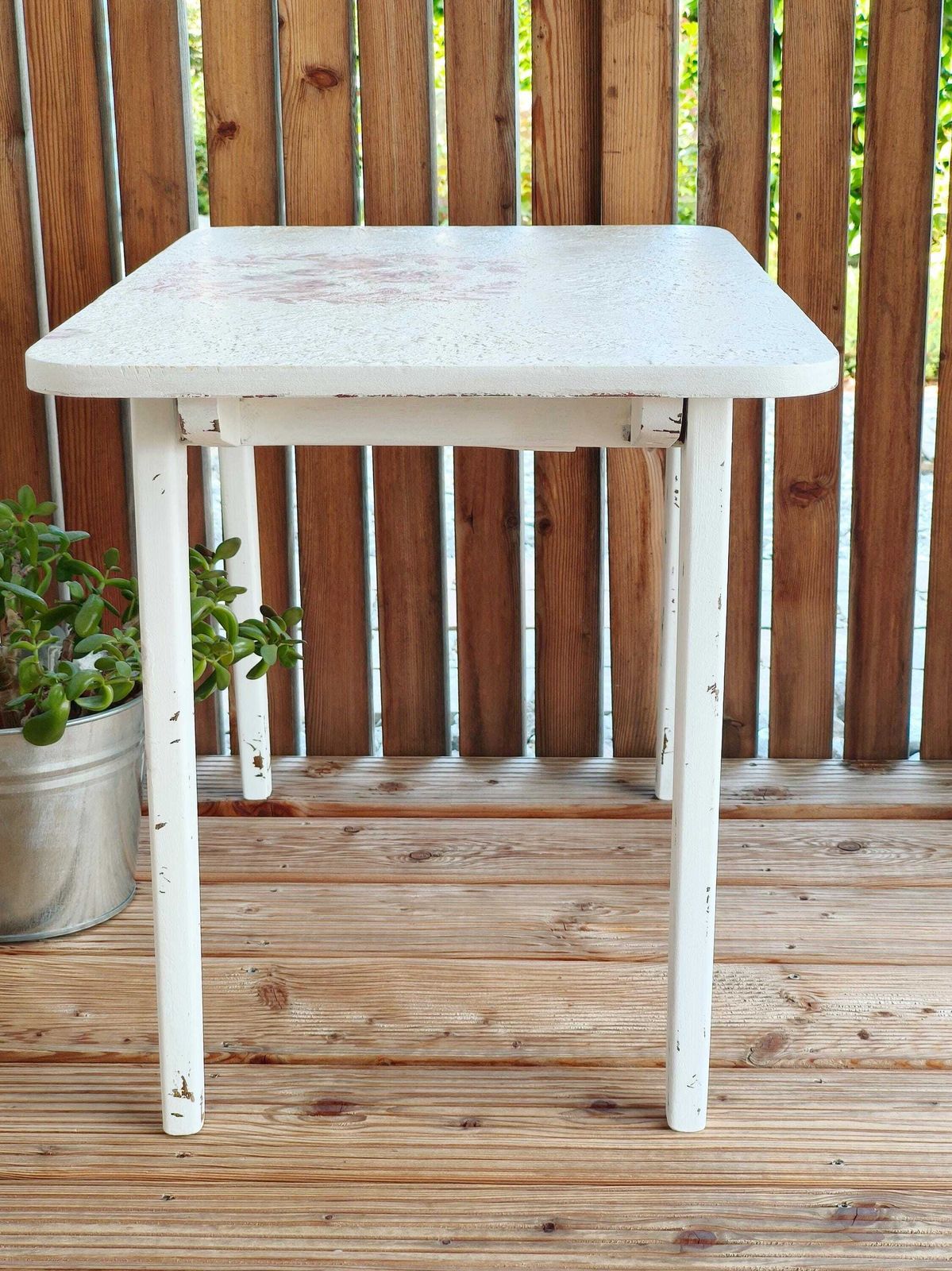 photo furniture Portable Folding Wood Table Pink Flowers, White End Table, Coffee Table, Mcm Side Table, Mid Century Modern Table, Retro Wood Plant Stand
