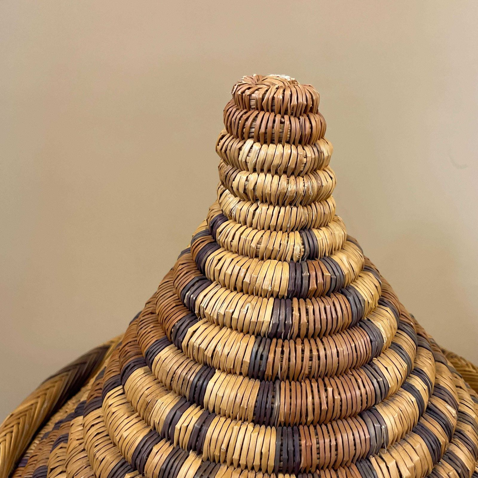 Vintage Round African Handmade Snake Charm Basket Woven Wicker Brown Antique Storage Patterned Circular Decorative Colourful Africa Lid photo furniture