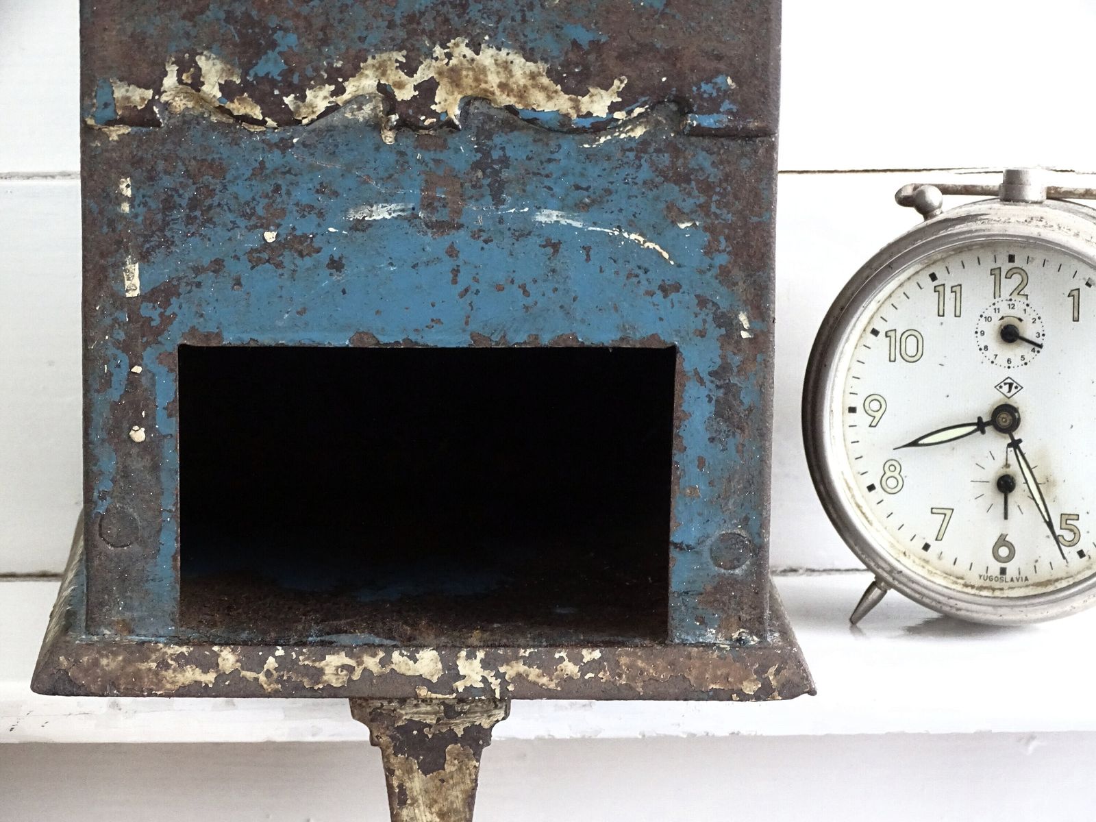 Large Antique Blue Metal Coffee Grinder: French Farmhouse Industrial Or Kitchen Decor photo for sale