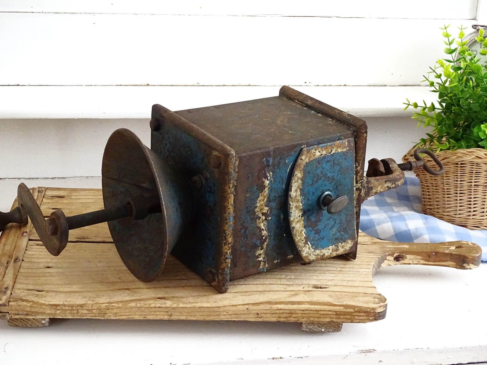 Large Antique Blue Metal Coffee Grinder: French Farmhouse Industrial Or Kitchen Decor photo Home Decor