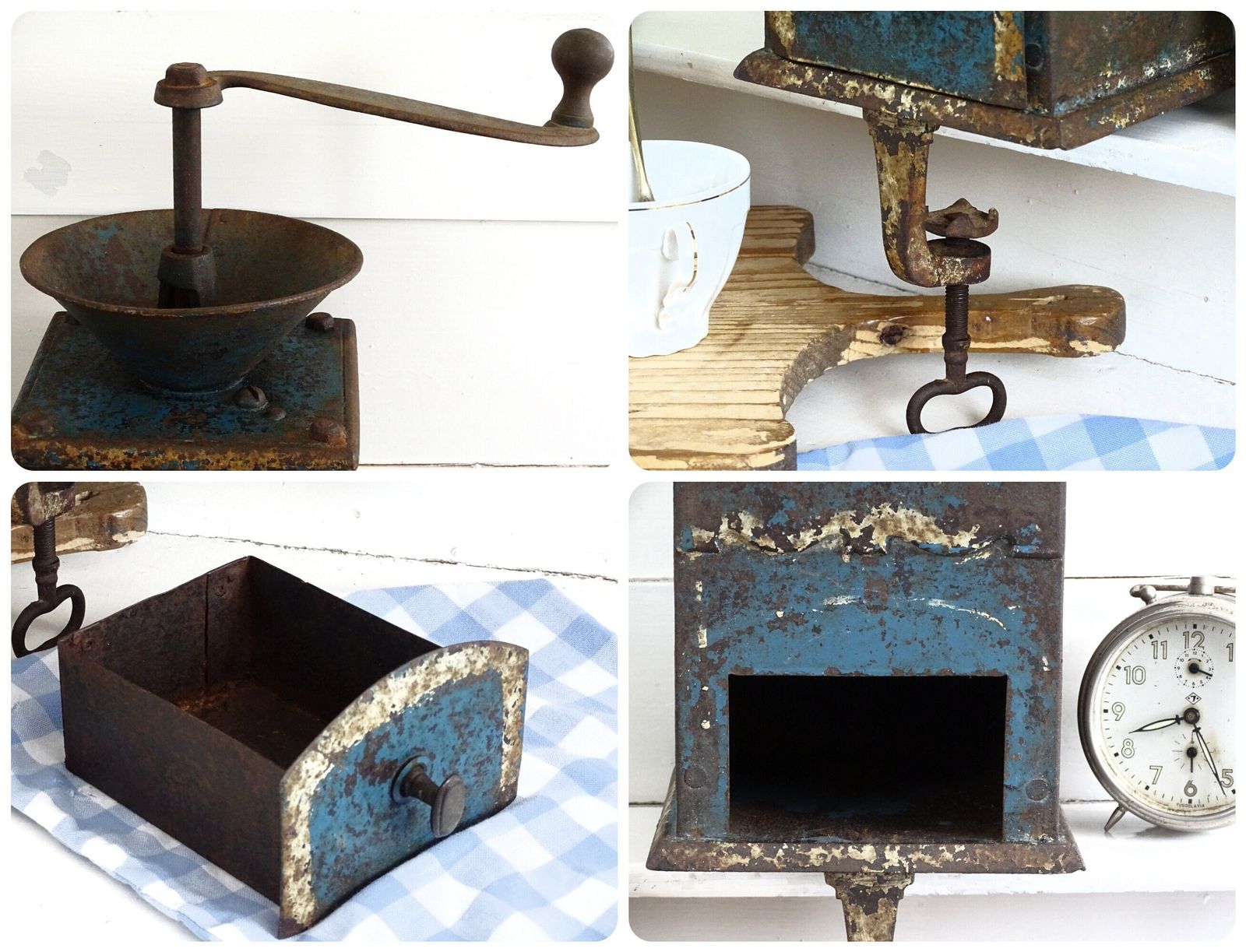 photo furniture Large Antique Blue Metal Coffee Grinder: French Farmhouse Industrial Or Kitchen Decor