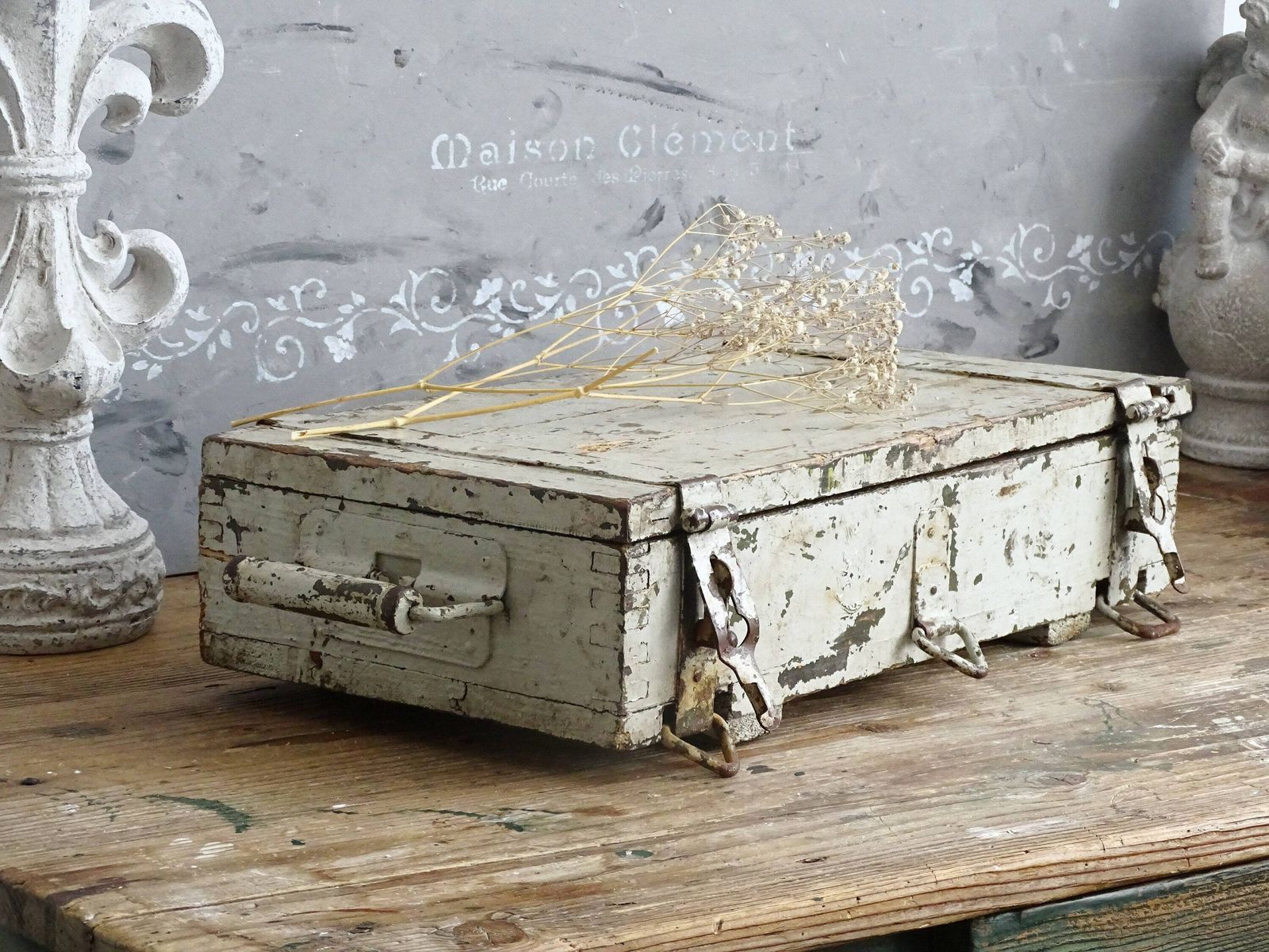 Antique Gray Wood Trunk Crate Box, Footlocker: Chippy Paint Steamer Trunk, Industrial Storage photo furniture