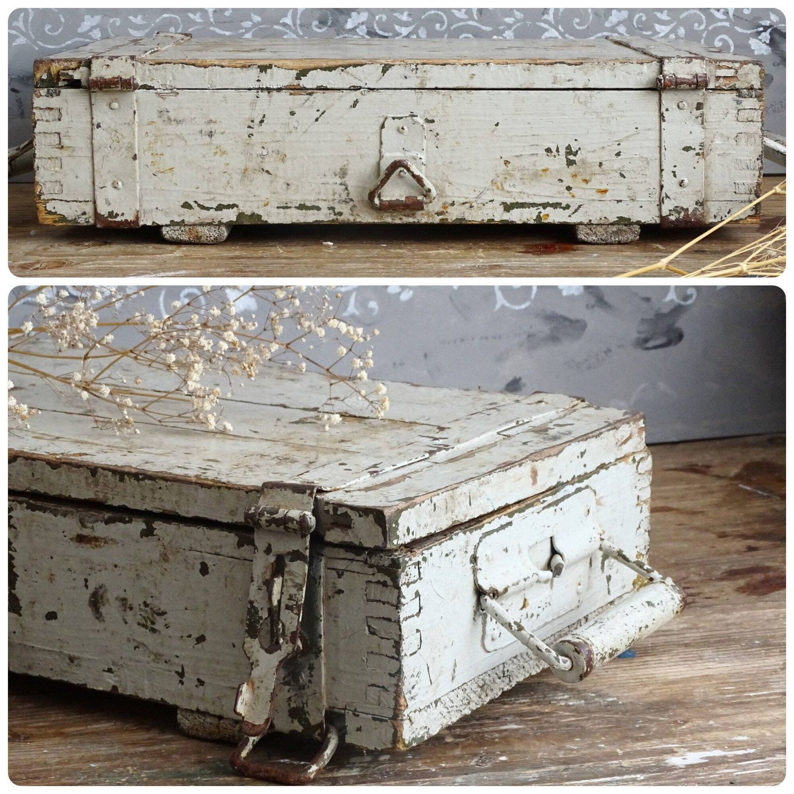 Antique Gray Wood Trunk Crate Box, Footlocker: Chippy Paint Steamer Trunk, Industrial Storage photo Furniture
