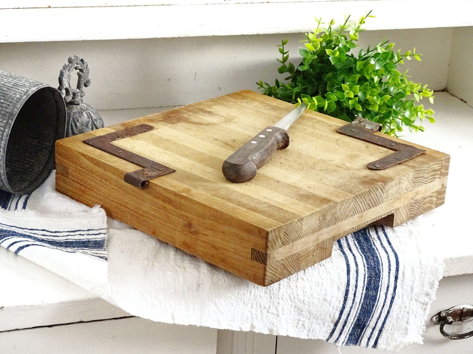 photo furniture Chunky Butcher Block: Square Wood Bread Board Antique Iron Corner Protectors