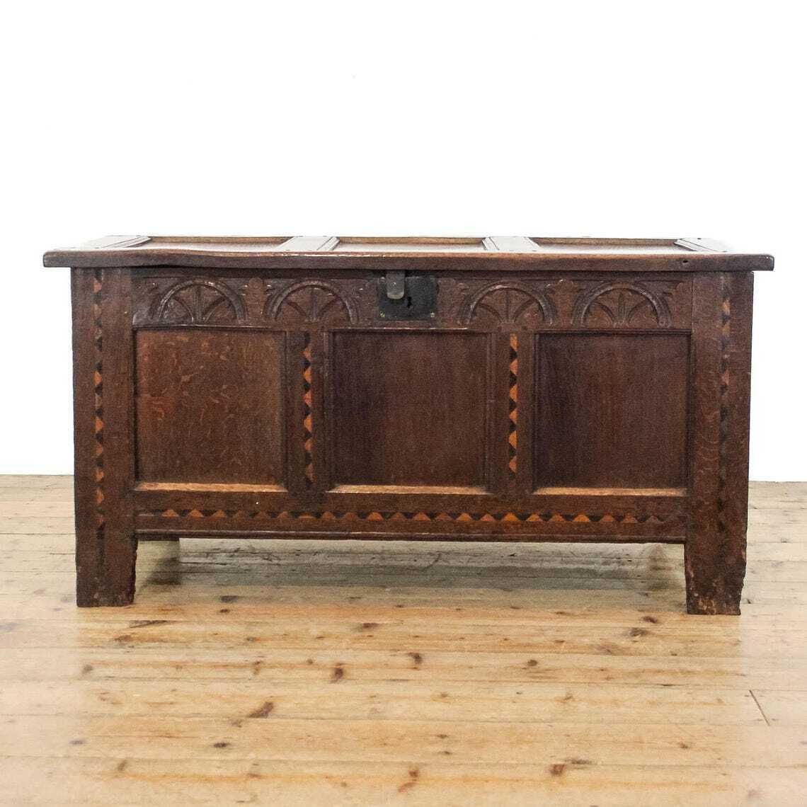 Antique Carved And Inlaid Oak Coffer  Antique Coffer  Antique Furniture Antiques  Antique Storage photo furniture