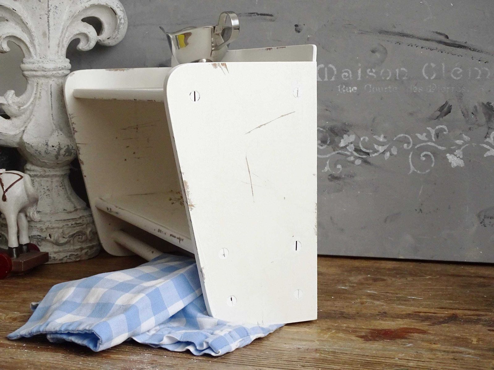 Shabby Chic White Wood Bathroom Shelf With Towel Bar photo vintage