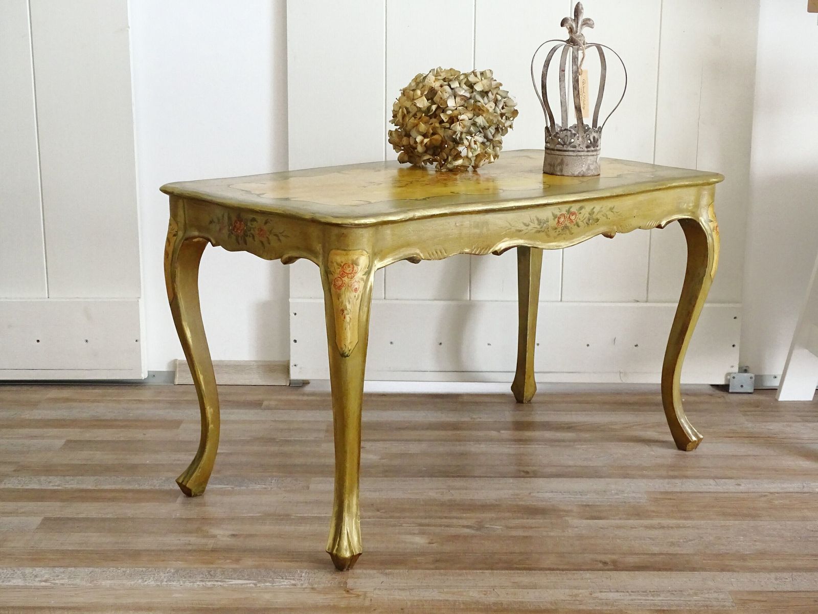 Olive Green Wood Coffee Table, Curved Legs, Hand Painted Floral Design, Shabby Chic photo Furniture