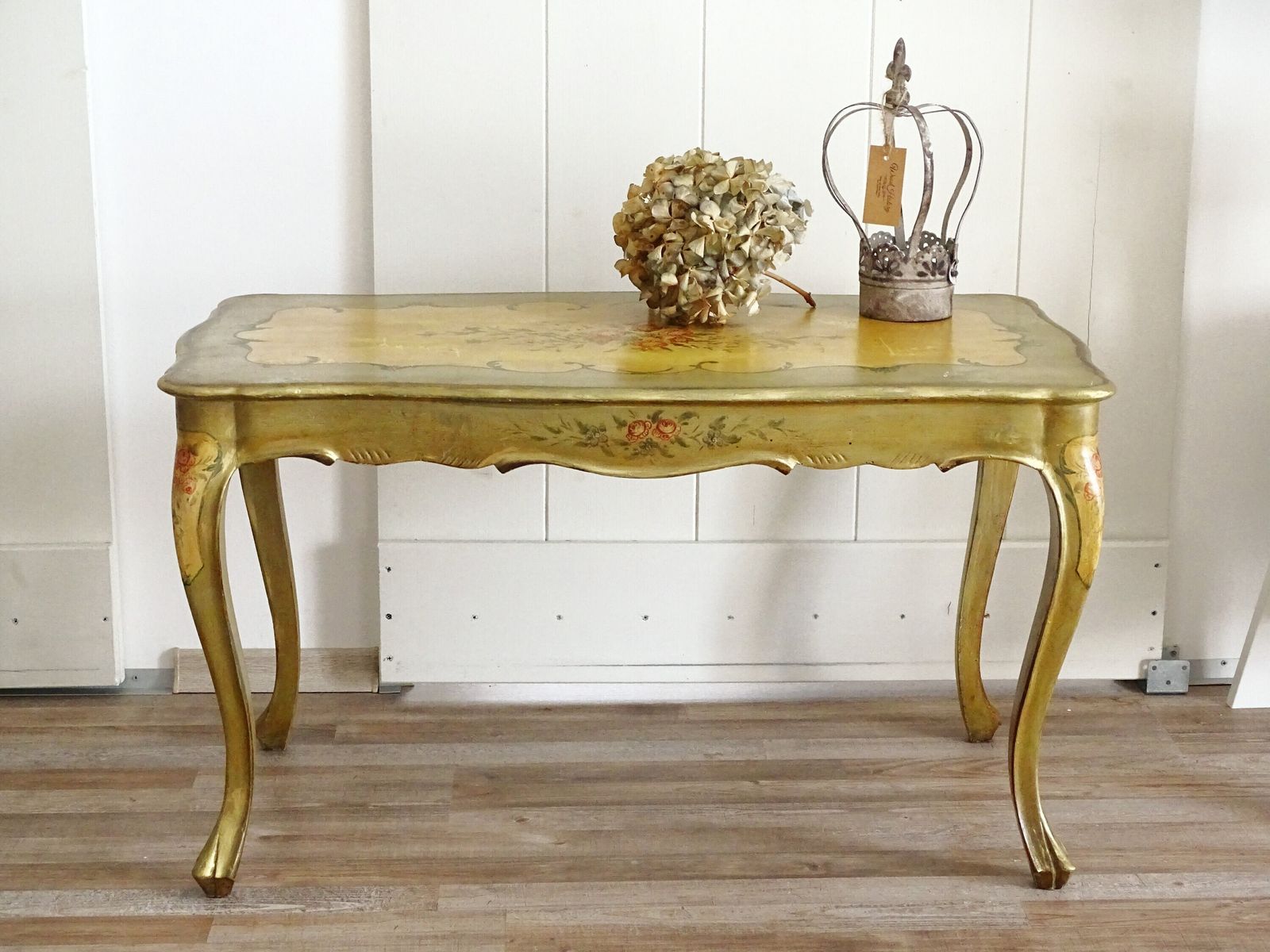 Olive Green Wood Coffee Table, Curved Legs, Hand Painted Floral Design, Shabby Chic photo buy